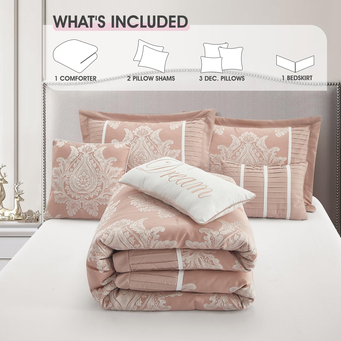 LANCO MODERN LIFESTYLE Blush Queen Comforter Set 7 Pieces, Jacquard Woven with Damask, Bedding Set in a Bag Includes Comforter, Bed Skirt, Pillow Shams, and Decorative Pillows