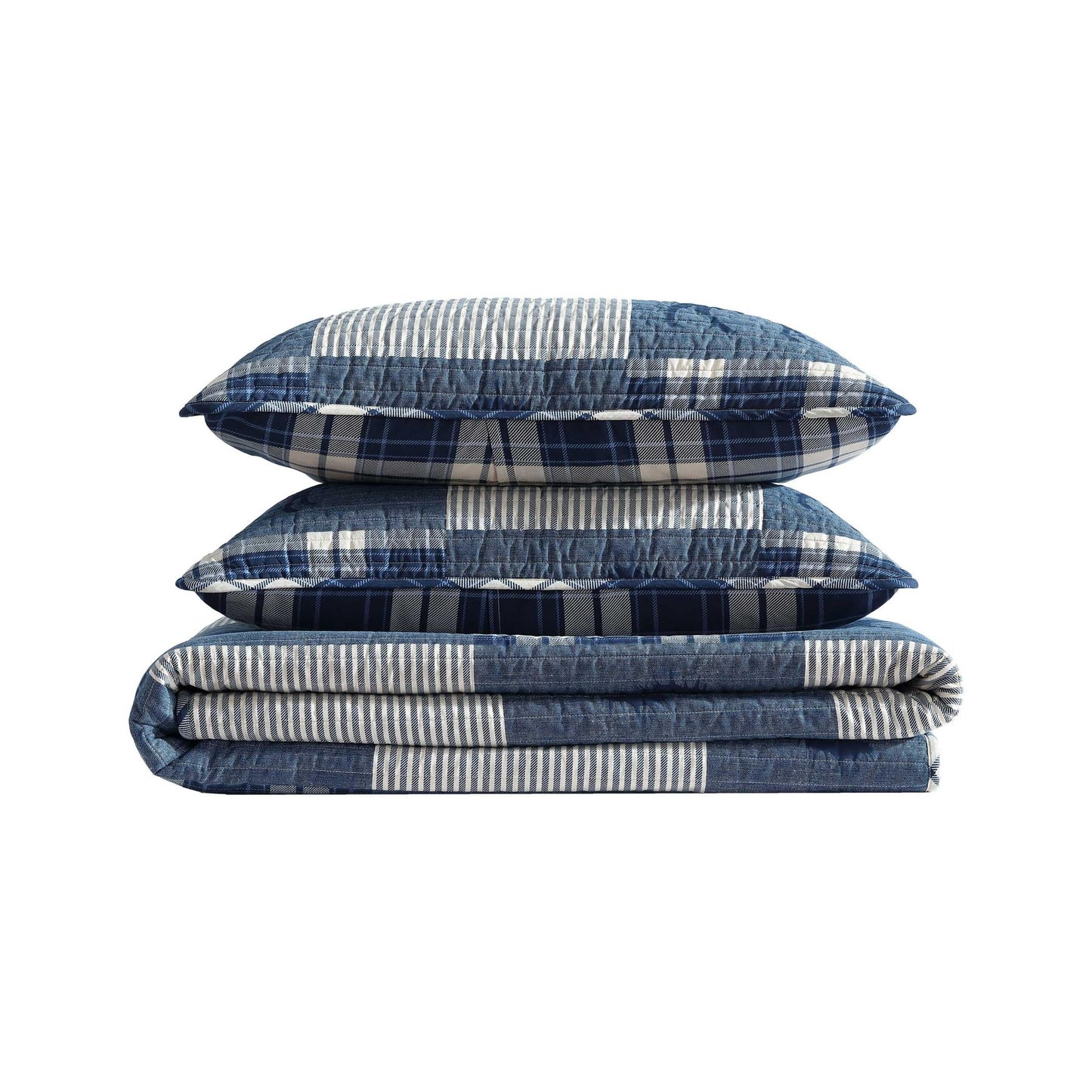 Eddie Bauer - King Quilt Set, Naturally Soft Cotton Bedding w/a Lightweight Feel for All-Year Comfort, Reversible w/Matching Pillowcases, 3 Piece Bed Set (Moose Plaid/Pinstripe/Patchwork Blue)