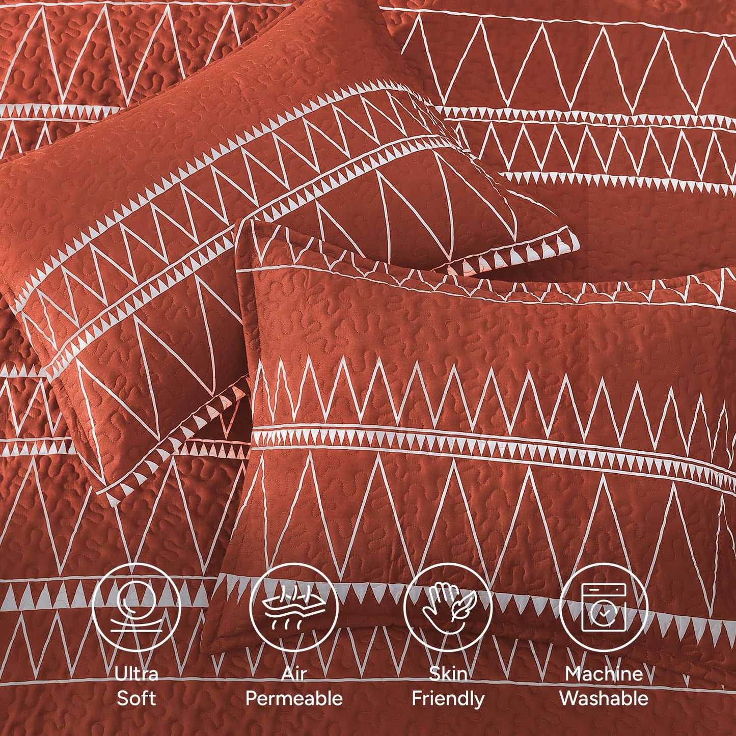 Andency Terracotta California King Quilt Set, 3 Pieces Boho Lightweight Soft Striped Cal King Bedspread for All Season (112"x104"), Printed Bohemian Polyester Reversible Coverlet Comforter Sets