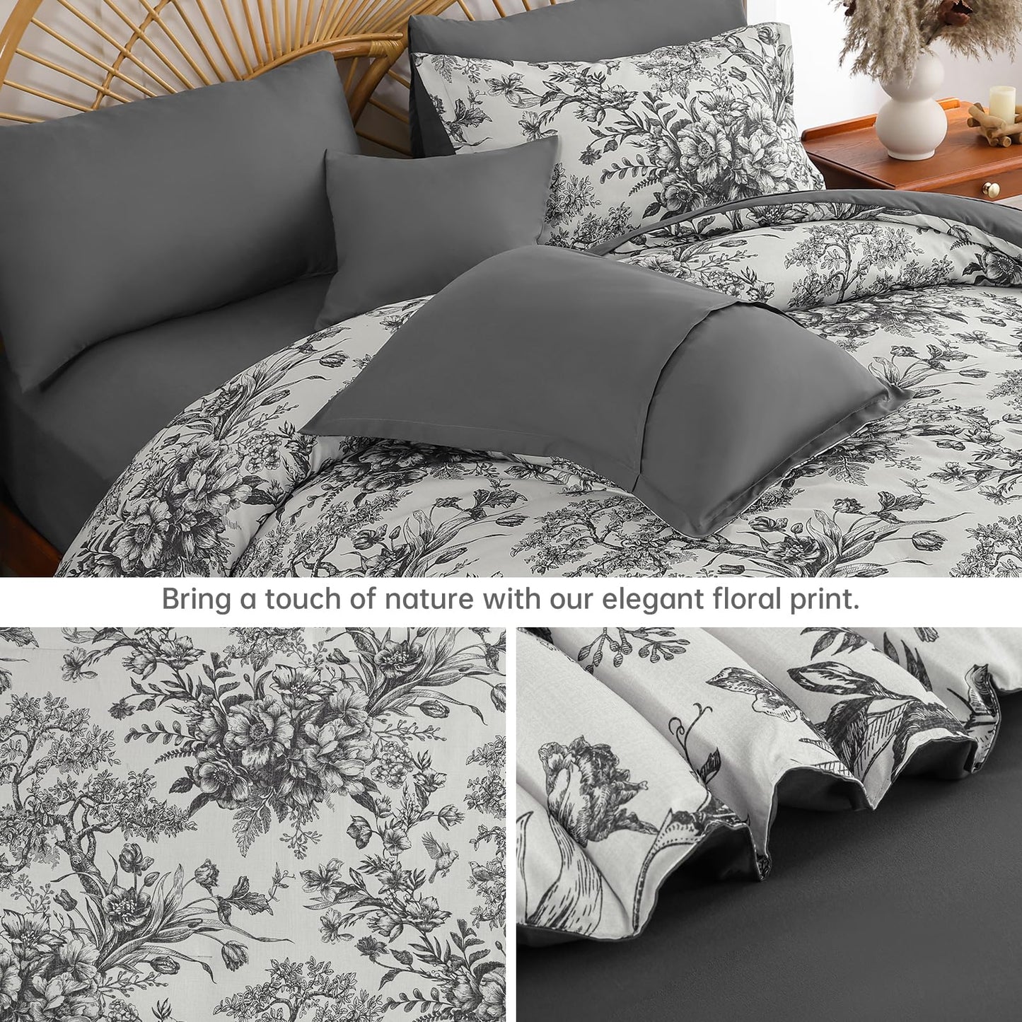 Dinjoy Queen Comforter Set - 8 Pieces Floral Comforter Set Black and White, Bed in a Bag Queen with Botanical Print, Winter Soft Comforter Bedding Set with Sheets (Comforter 90"x90")