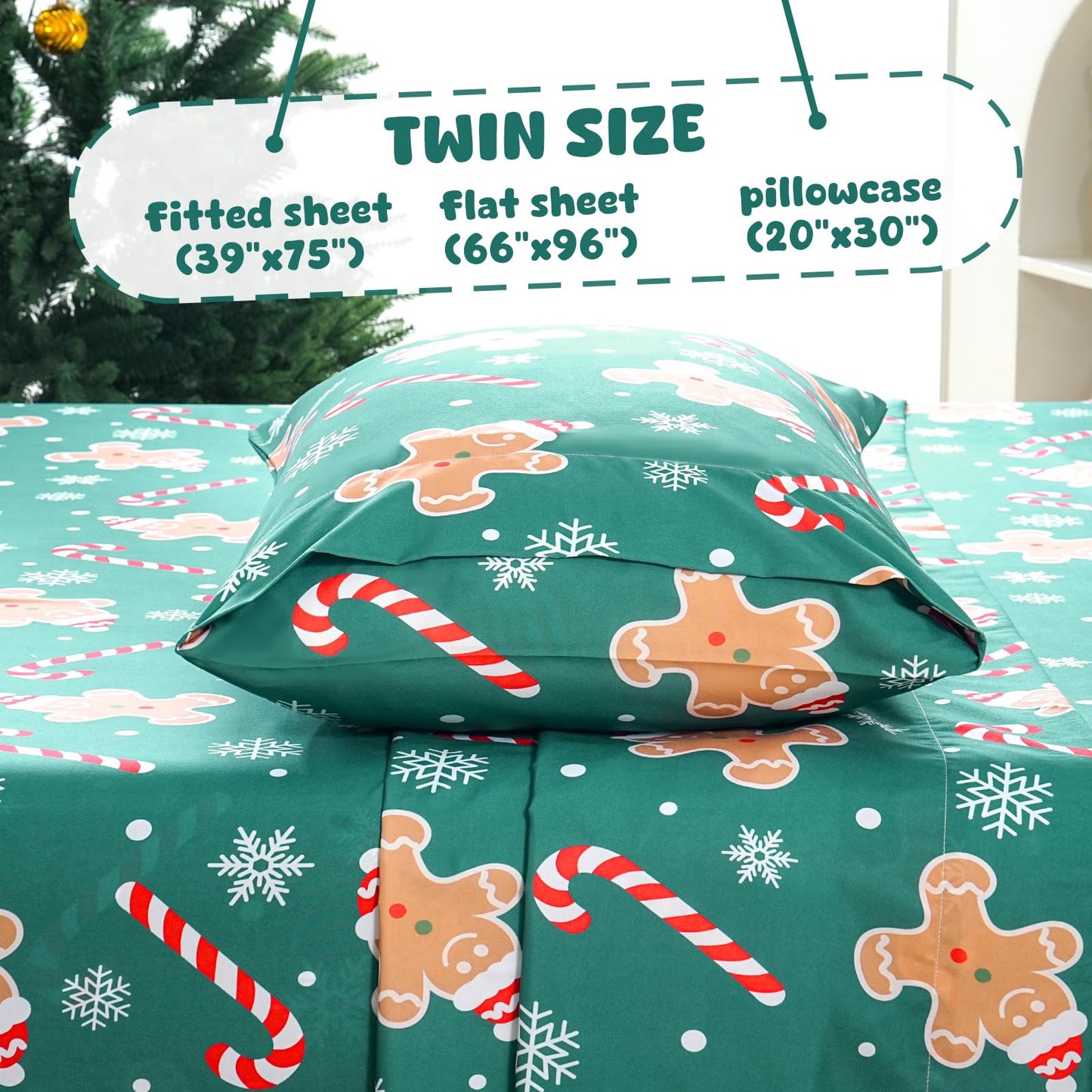 LONAVA Twin Sheet Set Kids - 3 Pieces Soft Microfiber Cartoon Style Bedsheets for Boys Girls Teens, Oeko TEX, Breathable Deep Pocket Sheets, (Gingerbread Man)