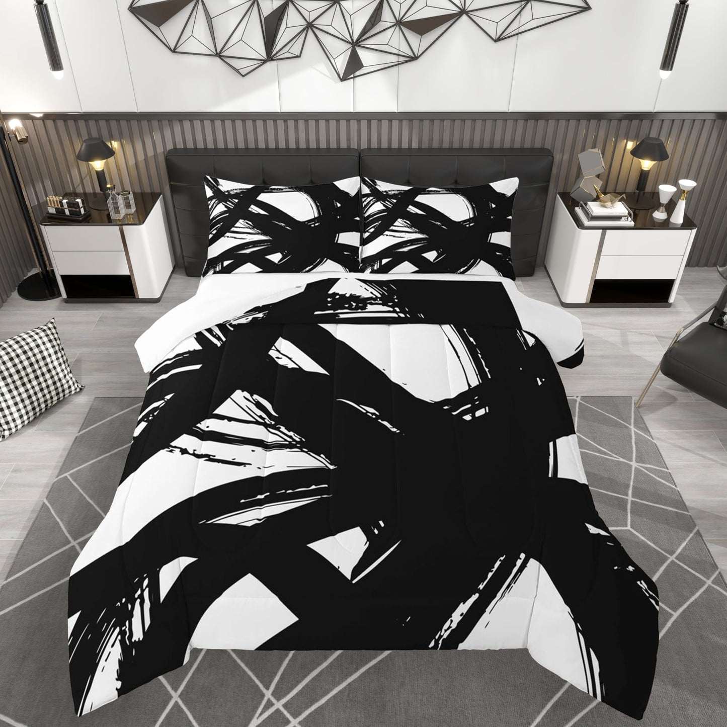 jejeloiu Black and White Comforter Set King Size， Abstarct Bedding Set for Kids Boys Girls Modern Stripe Neutral Art Duvet Quilt Bedroom Decor Microfiber 3 Pcs with 2 Pillow Cases