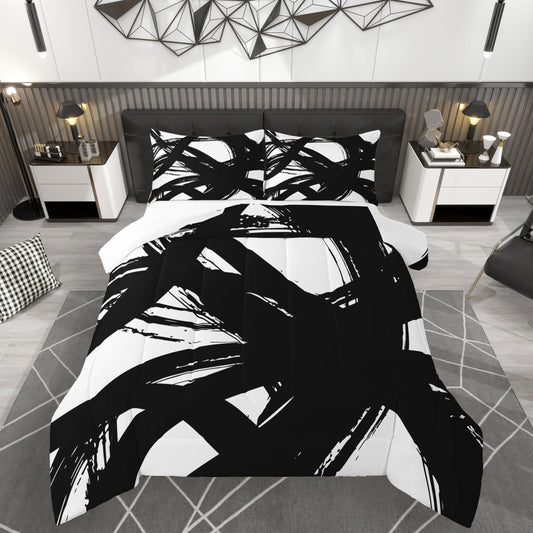 jejeloiu Black and White Comforter Set King Size， Abstarct Bedding Set for Kids Boys Girls Modern Stripe Neutral Art Duvet Quilt Bedroom Decor Microfiber 3 Pcs with 2 Pillow Cases