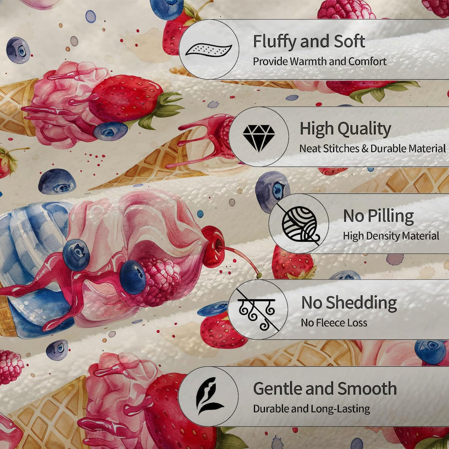 Ti Caldi Ice Cream & Fruit Blanket, Soft Warm Lightweight Flannel Throw Blanket for Couch, Bed, Travel & Outdoor, Cozy Fluffy Fuzzy Blankets for Women Men, Home Decor 60×50 in