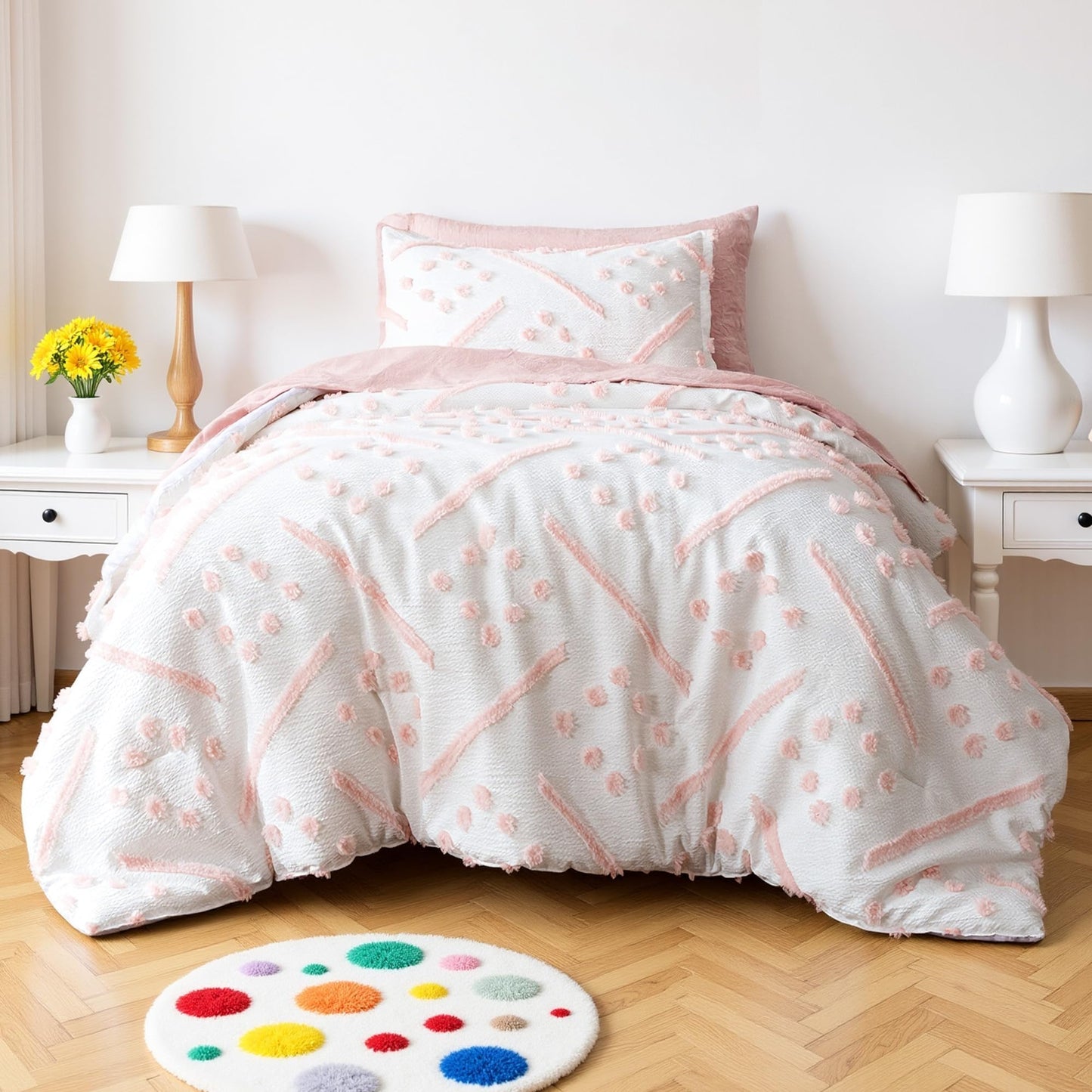 Amazon Basics Kids' Pink Bedding Set, 5-Piece Jacquard Bed-in-a-Bag with Comforter, Fitted Sheet, Flat Sheet, Pillowcase, Pillow Sham, Deep Pocket 16", All-Season, Pink Tufted, Twin