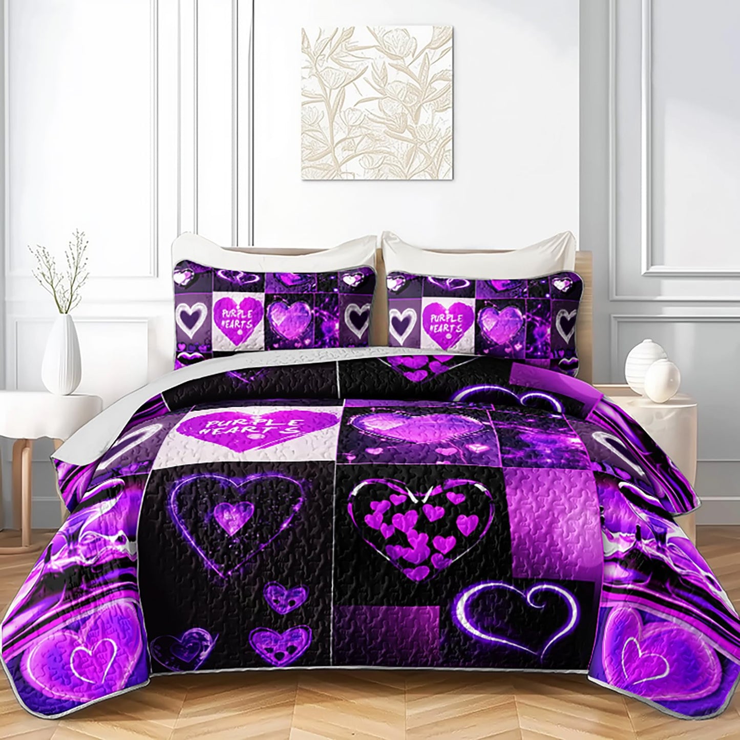 QOOMO Hearts Print Kids Quilt Set,Purple Bedding Set for Boys Girls Room Decoration,Bed Set Microfiber Lightweight All Season Twin Size,1 Quilt Set 2 Pillowcases
