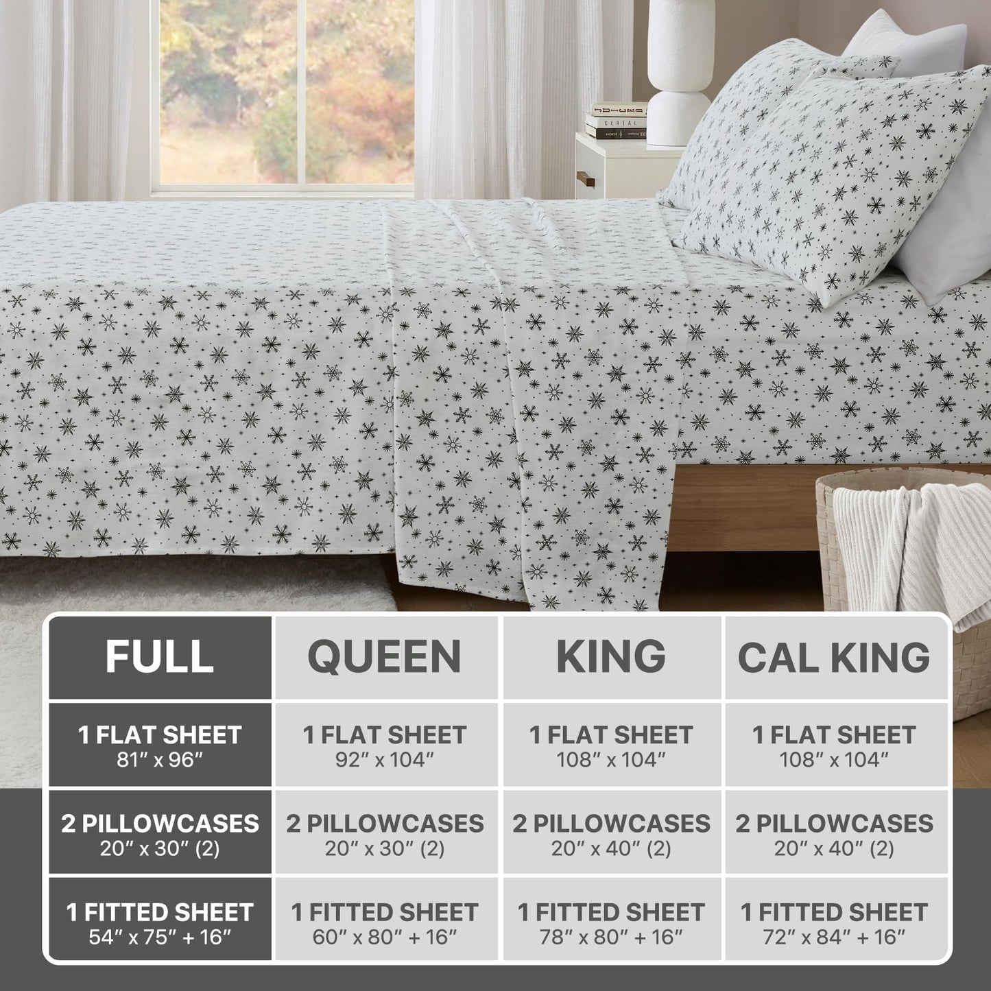 Beautyrest Cotton Sheet Set Cozy Print 100% Cotton Flannel Sheets Warm & Fuzzy Bedding Set, Oversized Sheets, Deep Pocket Fits Up to 16" Mattress Cozy Full Bed Sheets Full Black Snowflakes 4 Piece