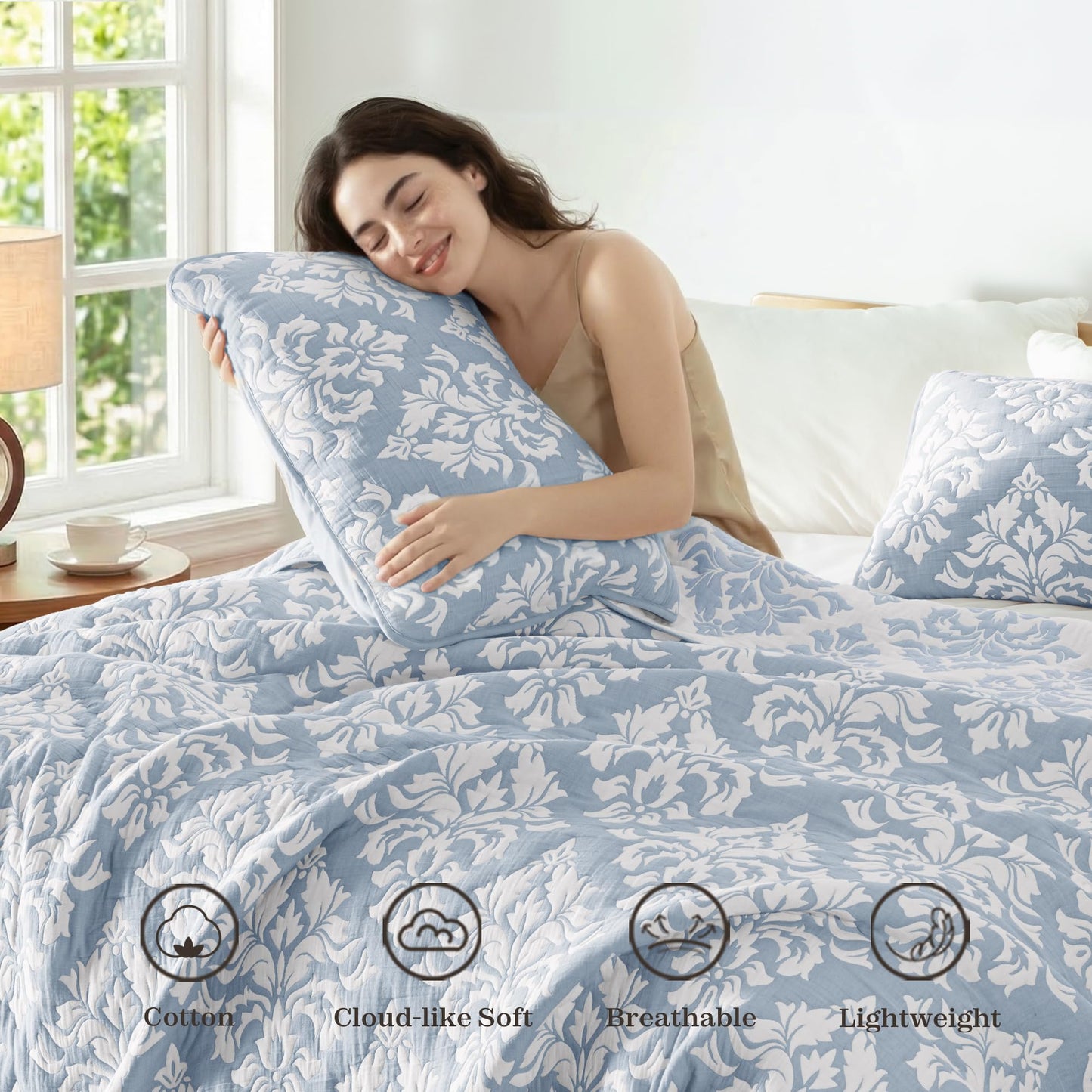 Exclusivo Mezcla Cotton Quilts King Size Blue, Soft Lightweight Bedspread Breathable Prewashed Bed Coverlet with 2 Pillow Shams, Boho Pattern Yarn Dyed Muslin Quilt Bedding Set for All Seasons
