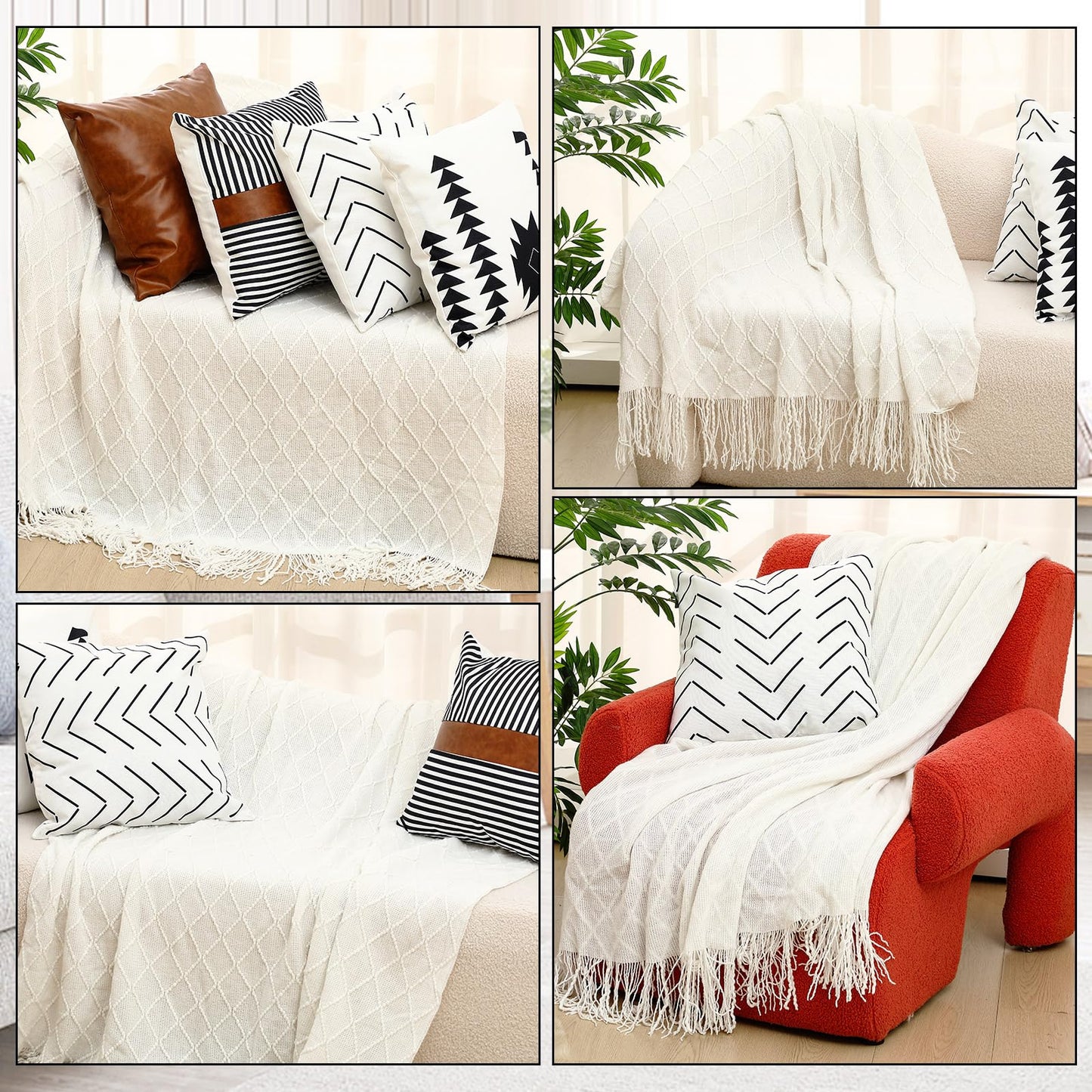 Mixweer Boho Throw Blanket and Pillow Cover Set, Beige Knitted Throw Blanket and Linen Pillow Cover Soft Sofa Couch Cushion for Home Farmhouse Sofa Bed Holiday Decoration