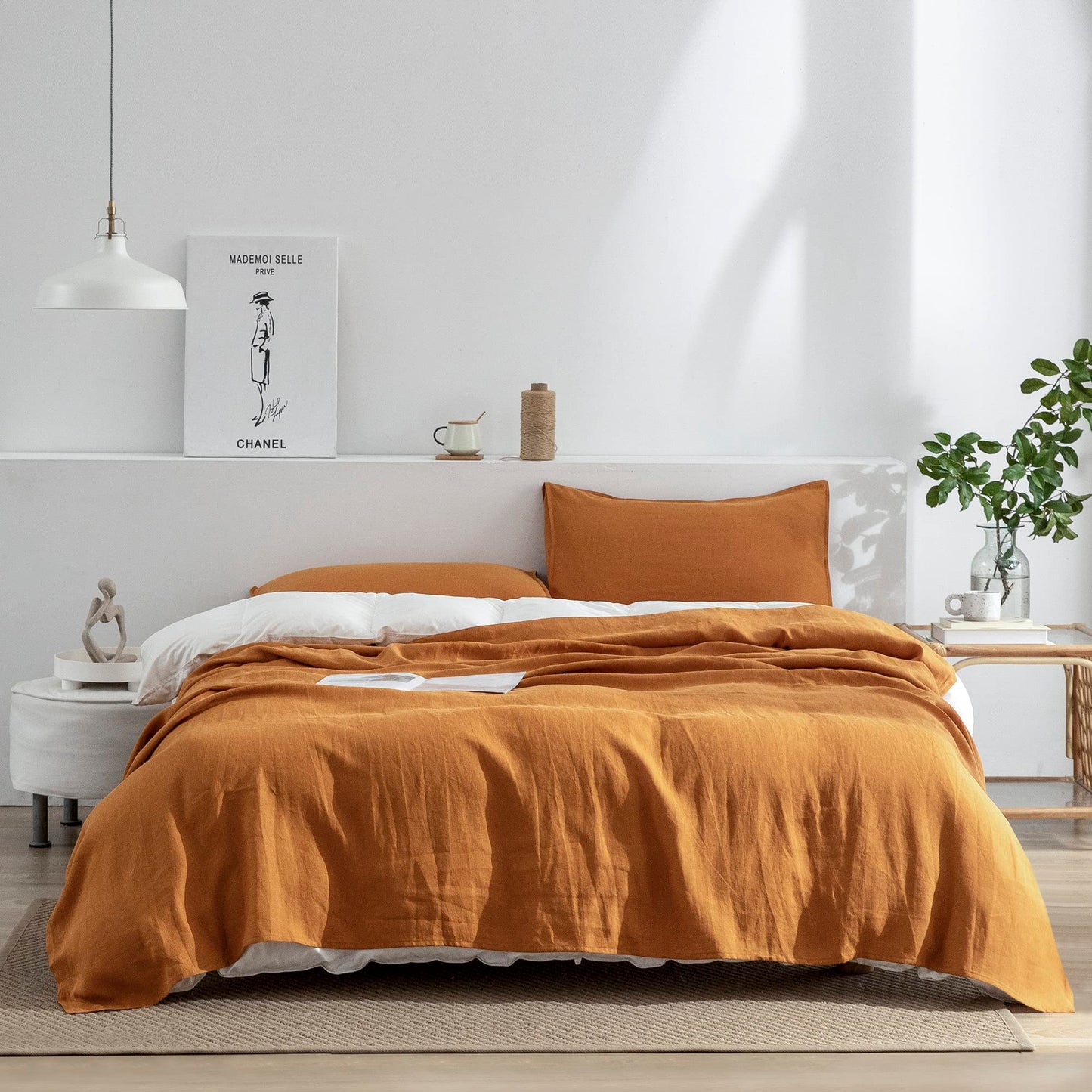 EVERLY Linen Sheets Set Twin Size,100% French Pure Linen Sheets Set,3Pieces (1Flat Sheet,1Fitted Sheet,1Pillowcase) Suitable for Hot Sleepers, Stonewash Deep Pocket Natural Bedding Set-Caramel