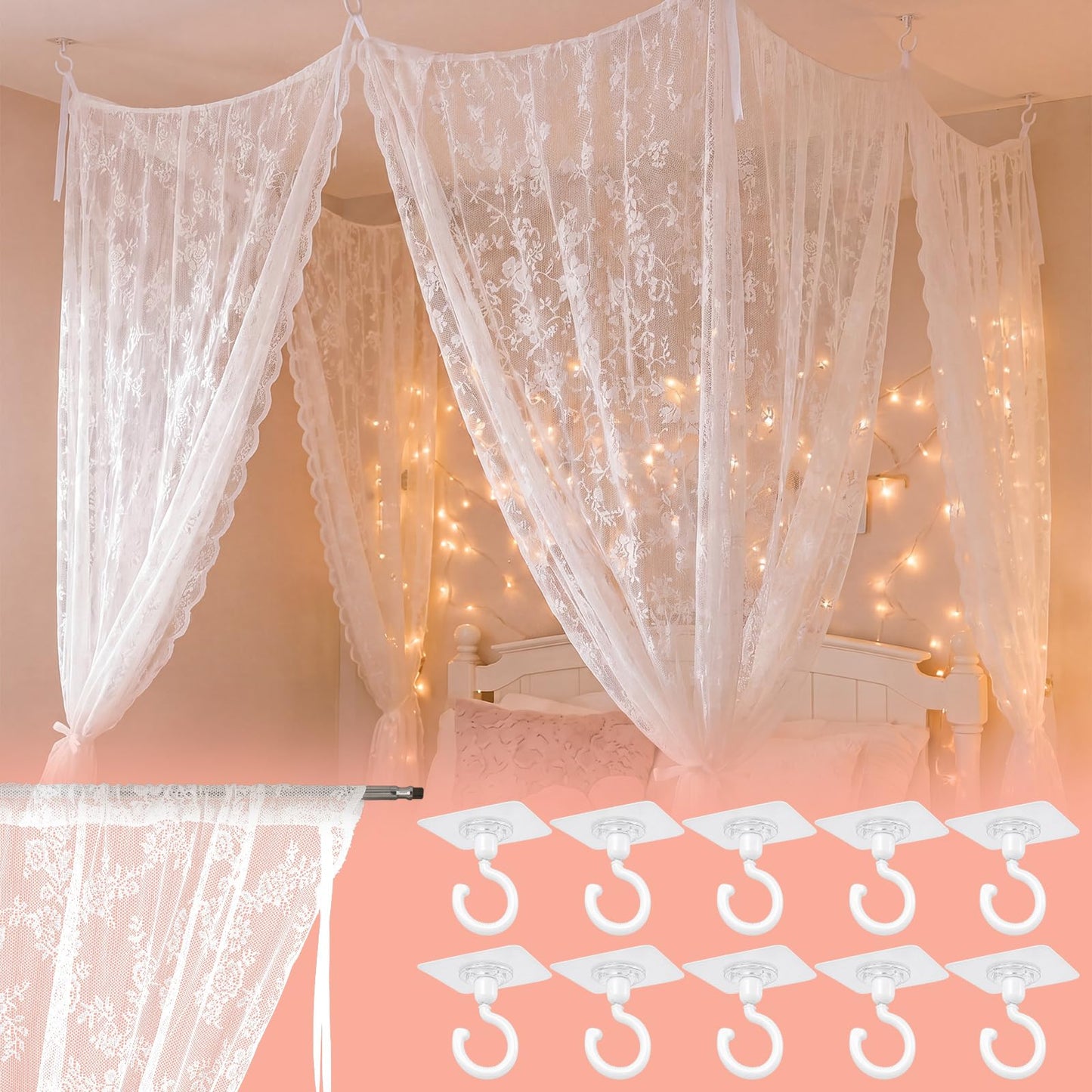 CrystalSylara 8 Panels Lace Bed Canopy Curtains with 10 Ceiling Hooks 40 x 84 and 30 x 84 Inch Curtains for Queen Size Bed Dorm Bedroom No Drill Romantic White Lace Canopy Tie Top DIY Setup