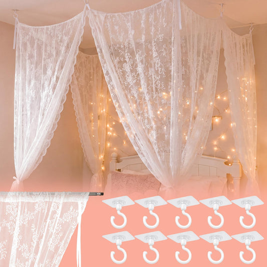 CrystalSylara 8 Panels Lace Bed Canopy Curtains with 10 Ceiling Hooks 40 x 84 and 30 x 84 Inch Curtains for Queen Size Bed Dorm Bedroom No Drill Romantic White Lace Canopy Tie Top DIY Setup