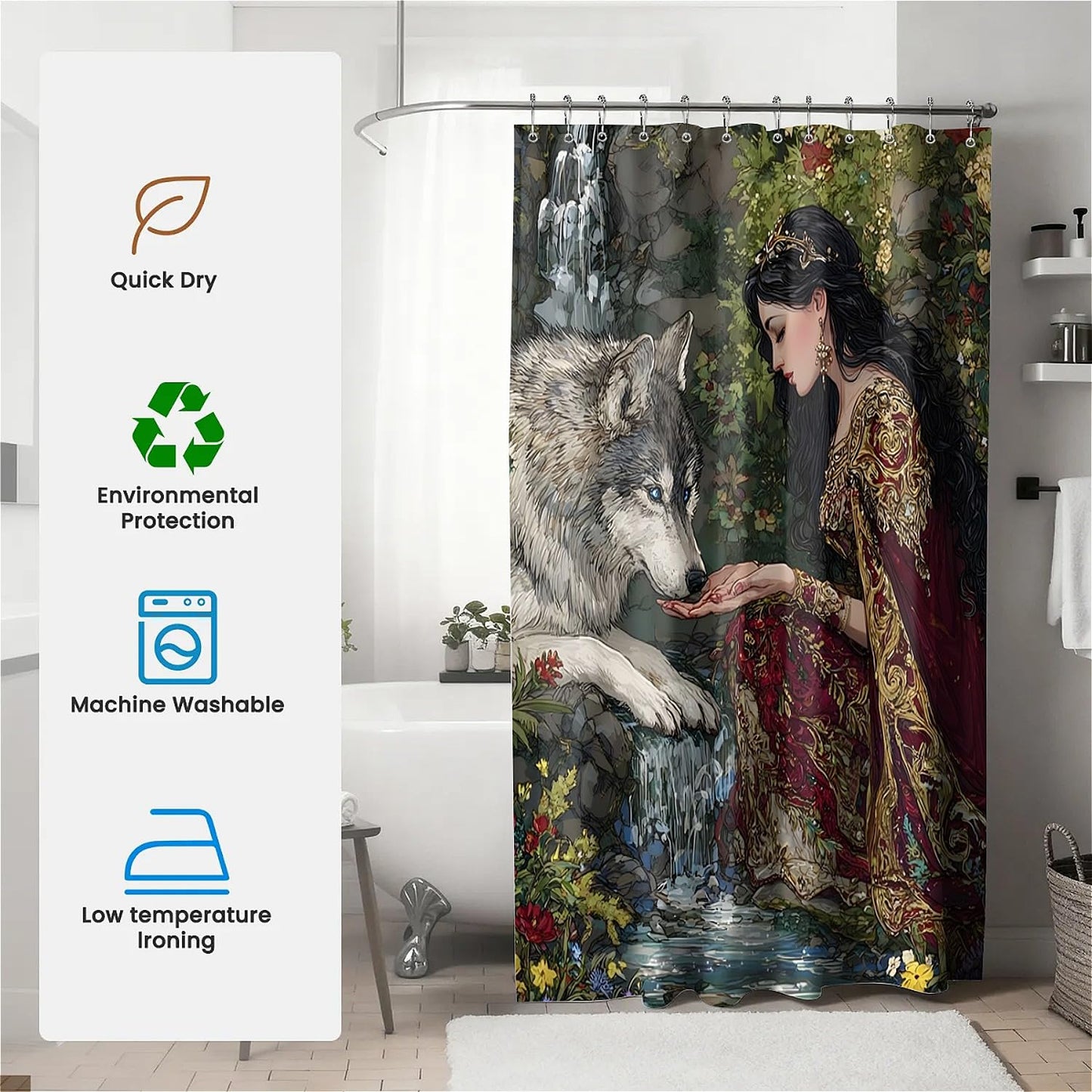 TANGXUNFA Princess and the Wolf Shower Curtain for Bathroom, Water-Resistant Long Shower Curtain Set 72x72 Inch with Metal Grommets and 12 Metal Hooks