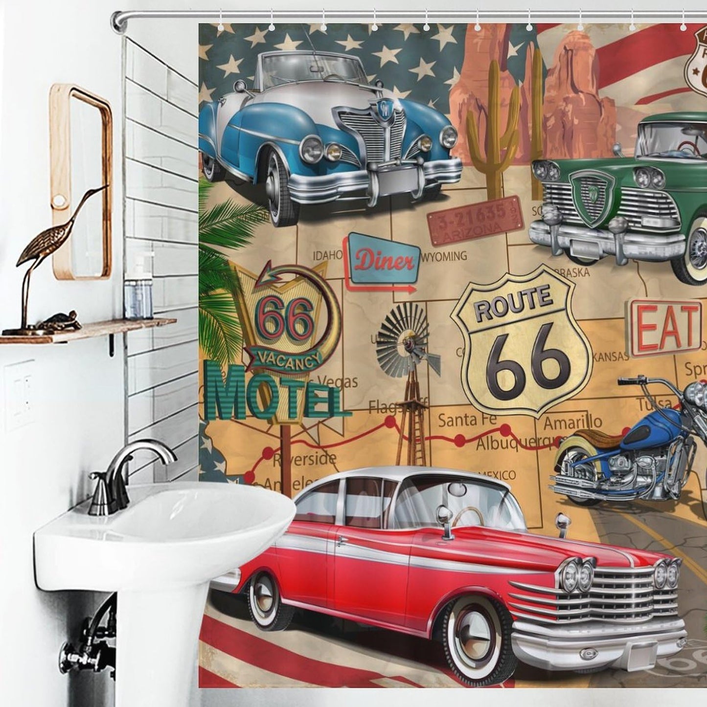 TKUYO Route 66 Road Shower Curtain for Bathroom, Rustic Boys Man Vintage Classic Car Motorcycle Biker Country Western Retro Man Cave Waterproof Fabric Shower Curtain Set with Hooks, 72"x72" Inch