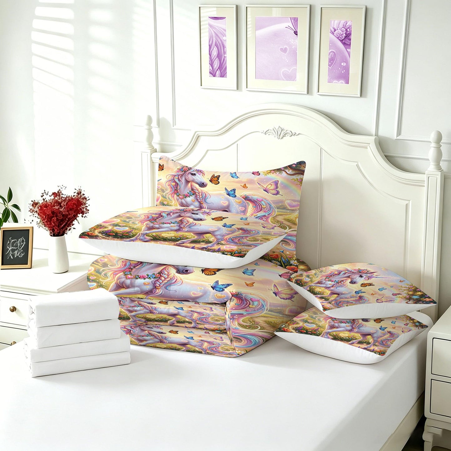 FUYEUN Unicorn Comforter Set Queen Size 7 Pieces Cute Rainbow Print Bedding Set for Kids Boys Girls Bed in a Bag with Comforter, Sheets, Pillowcases, Cushion Covers Dreamy Princess