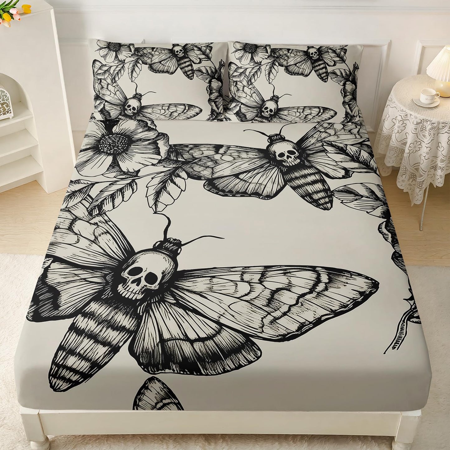 HOSIMA Death Moth Bedding Set for Girls Teen Boy Skull Decor Fitted Sheet Twin Size Halloween Bedding,1 Fitted Sheet+2 Pillowcases.