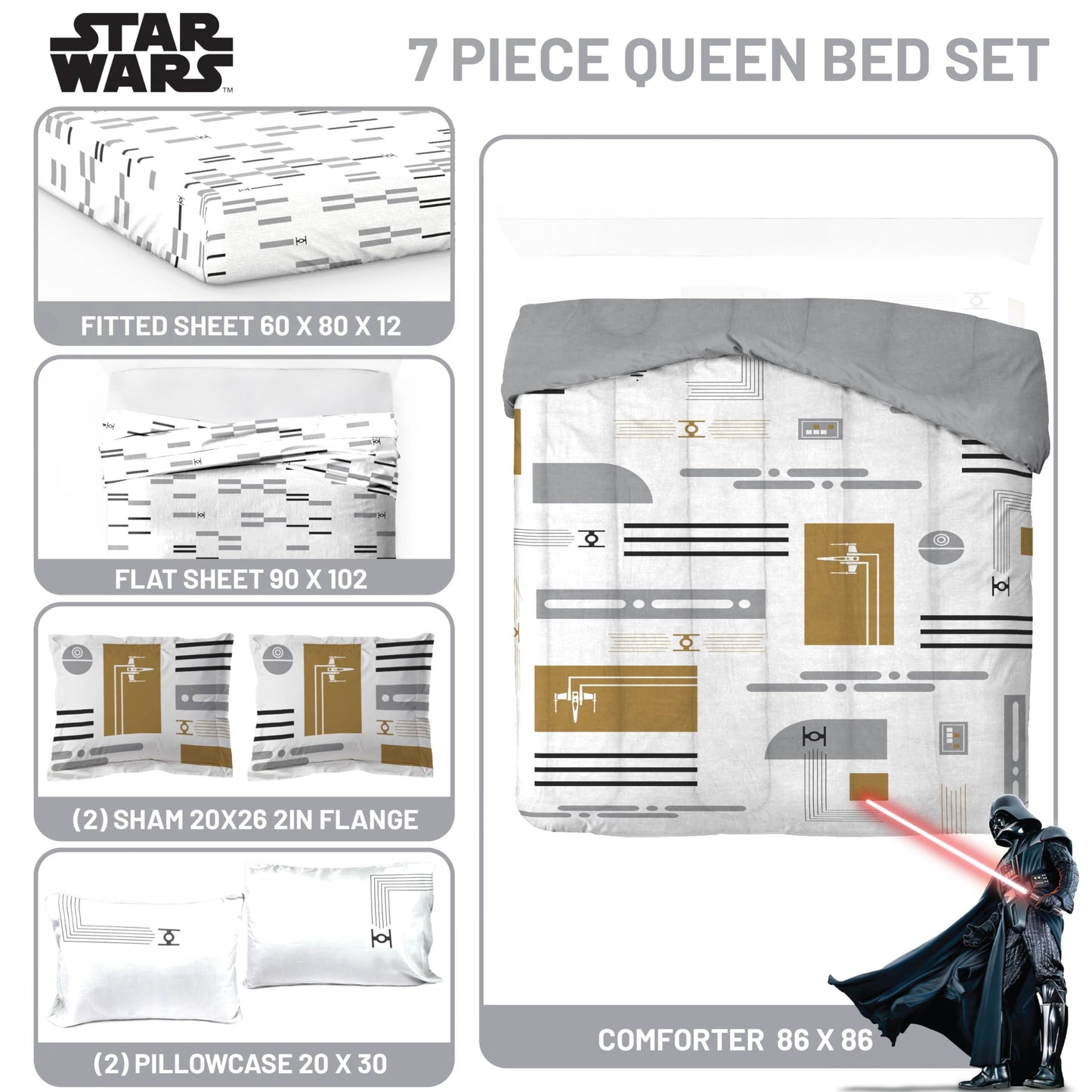Jay Franco Comforter Set Includes Sheets and Pillow Covers - Soft and Cozy Bed Set for Stylish Room Decor, White - Star Wars, 7 Piece Queen Bedding