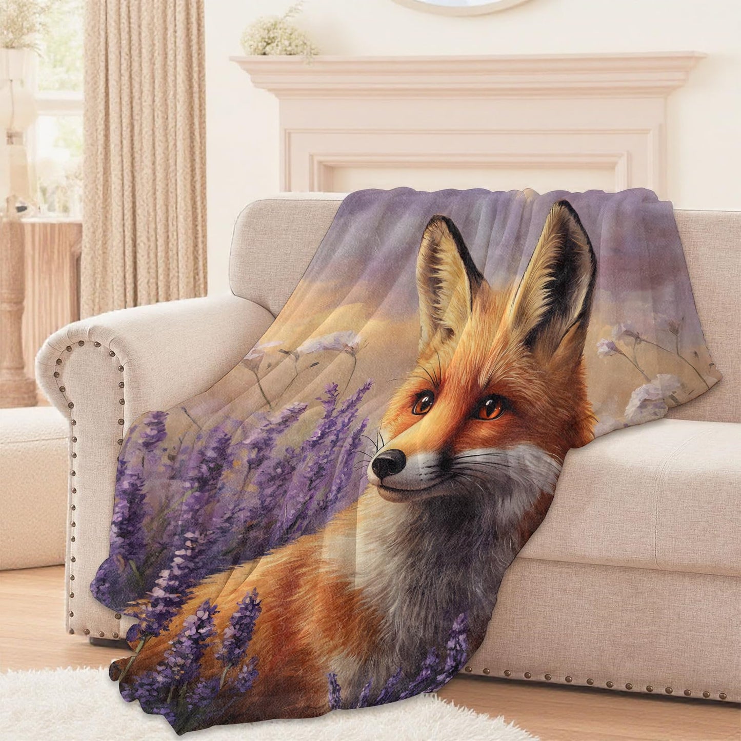 Lugiu Elegant Fox Blanket, Lightweight Comfy Lavender Field and Wildlife Throw for Couch Sofa Bedroom, Soft Cozy Travel Flannel Cute Romantic Blankets Gifts for Women Girls Kids, Home Decor 60×50in