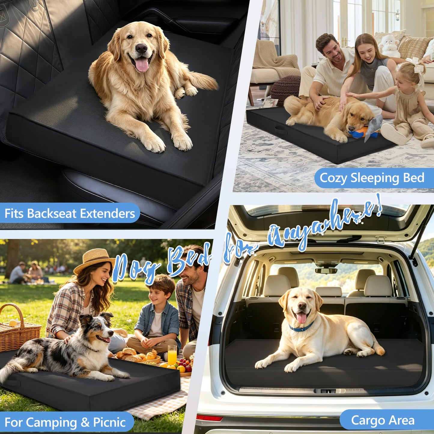 Backseat Dog Bed, Dog Bed for Car Back Seat, 4in Orthopedic Egg Crate Foam Pet Bed with Oxford Fabric for Backseat Extender – Waterproof, Stable Fit, Washable (51"x23.5", Black)