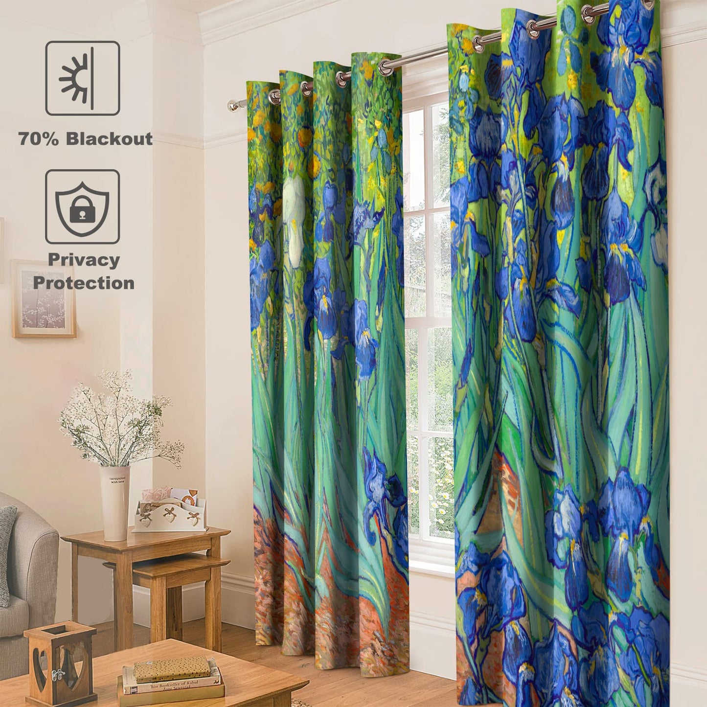 Jekeno Irises Blackout Curtains Blue and Purple Iris Flowers Floral Art Decor Home Bedroom Living Room Abstract Art Decoration Darkening Grommet Window Drapes 2 Panel Set, 52"x84"