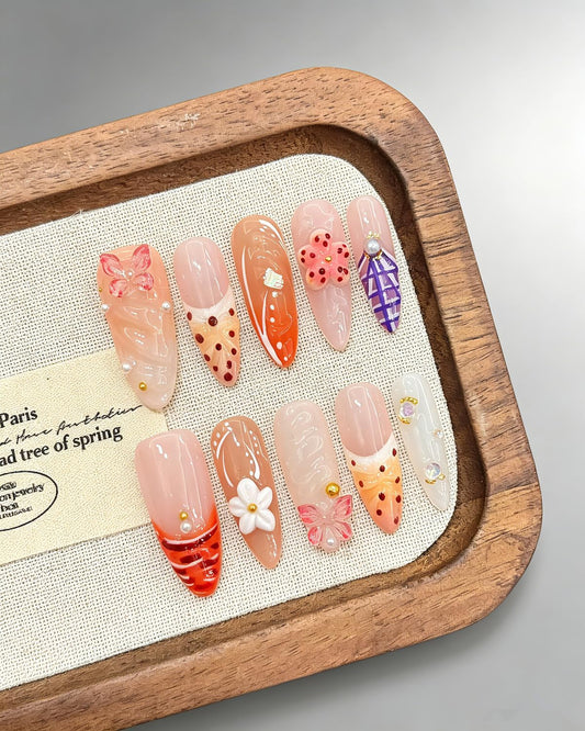 CAMILCY Handmade 3D Floral Butterfly Press On Nails Nude Orange French Almond Tips Fake Nails Luxury Hand‑Painted Rhinestone Pearl Salon Quality Reusable High‑End Custom Manicure for Women (B10, M)