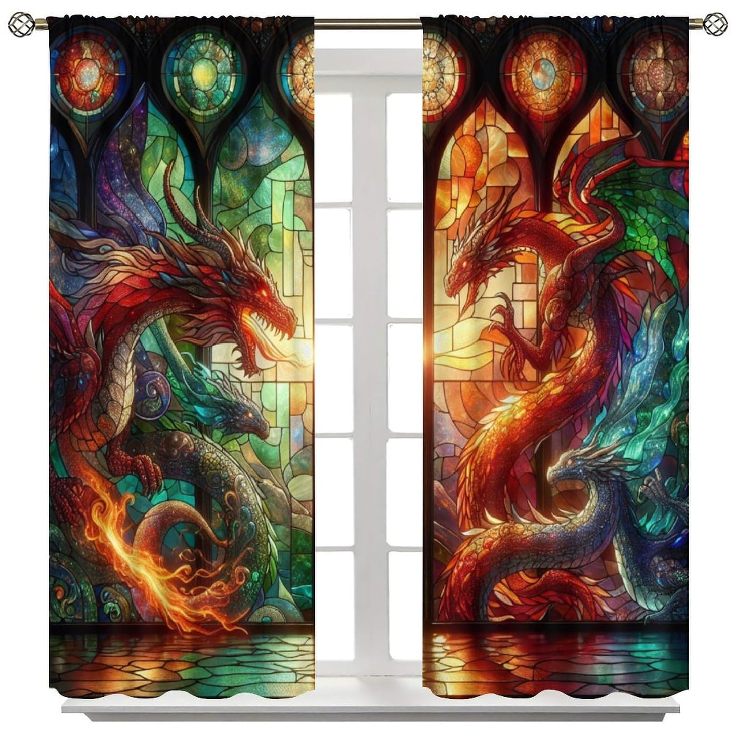 FengMingRui Western Dragon Kids Window Curtains, Stained Glass Green Red Dragon Natural Window Treatments for Boys Girls Bedroom Game Room Window Drapes 42" W X 45" L