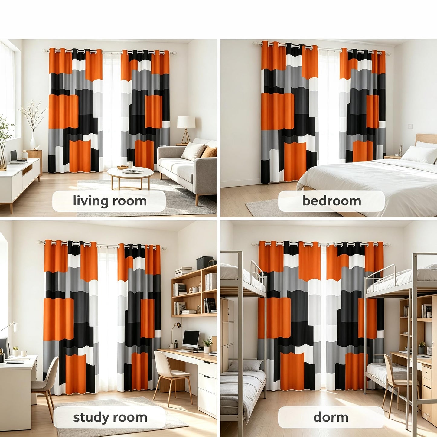 jejeloiu Geometric Curtains for Bedroom Living Room Orange Black Gray Blackout Shades Plaid Buffalo Check Room Darkening Curtain Modern Art Window Treatments, 2 Panels 52 x 63 Inch Decor