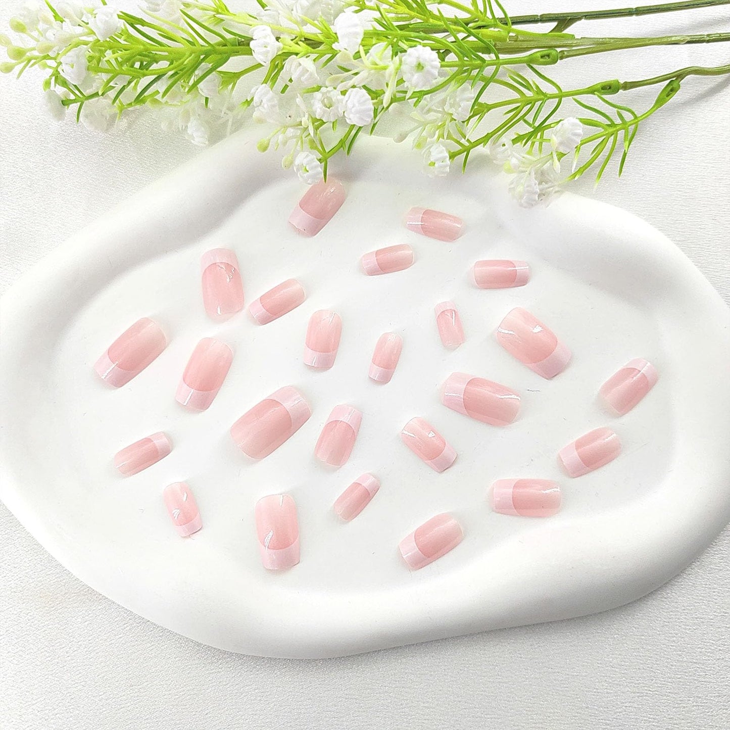 Medium Press on Nails Square White French Tip False Nails with Glitter Design Cute Fake Nails Light Pink Full Cover Nails Press ons Glossy Glue on Nails for Girls and Women 24Pcs