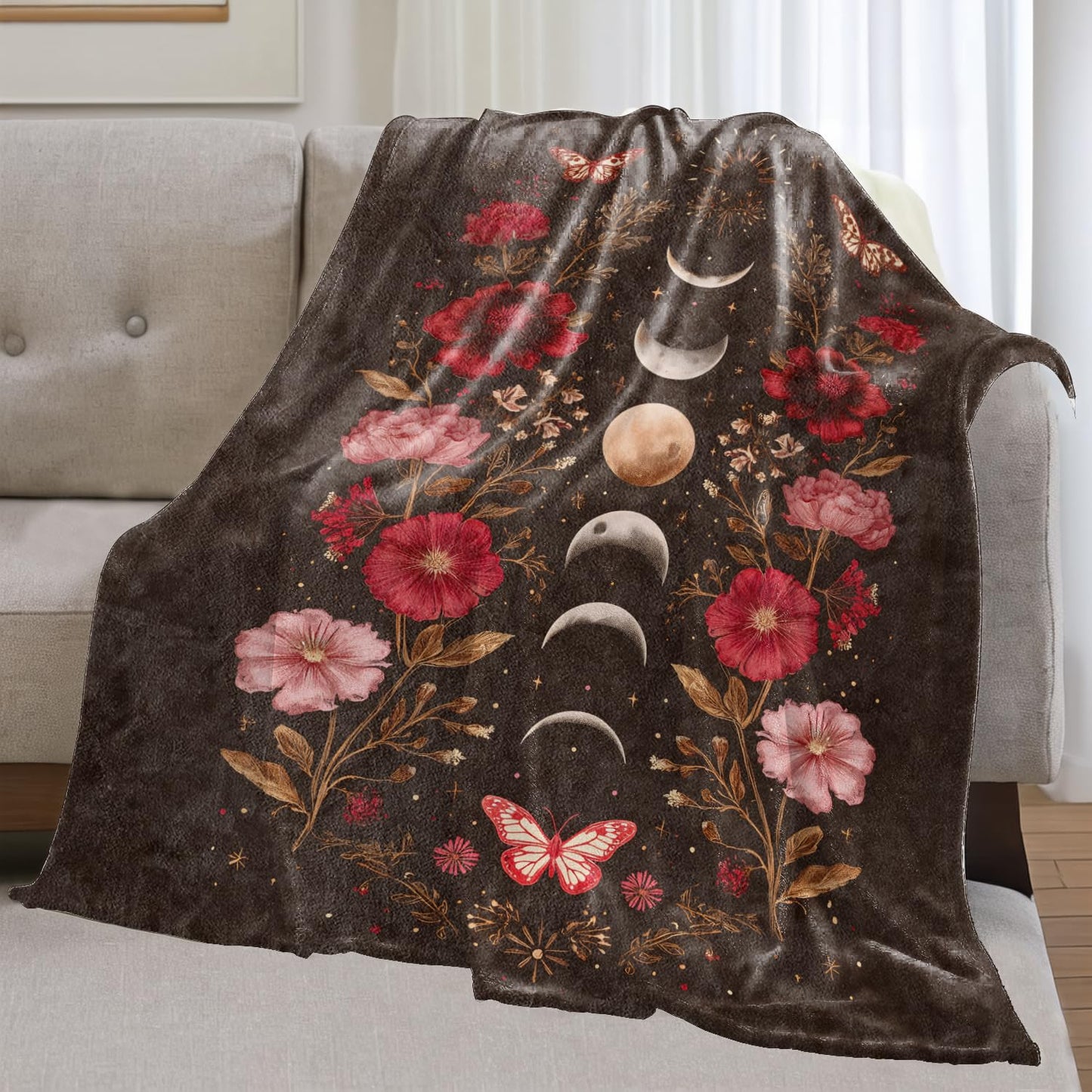 olpddz Moon Butterfly and Floral Flannel Blanket Gifts for Celestial Lover,60x50inch,Gothic Boho Throw Blankets with Lunar,Red Flower and Moth,for Bedroom,Sofa,Living Room,Camping Home Decor Throws