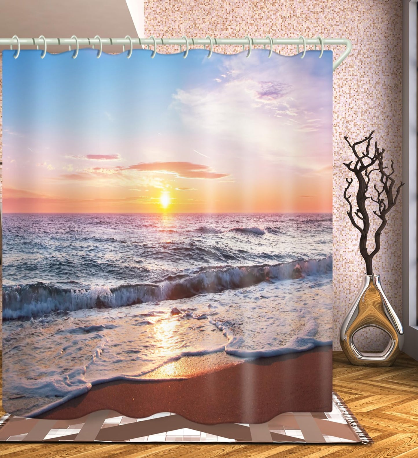 LYFANS Bathroom 3D Beach Sunset Decorative Shower Curtains, Fabric Shower Curtains with 12 Curtain Hooks, Bathtub Shower Curtain, 72x79 inch Waterproof Shower Curtain