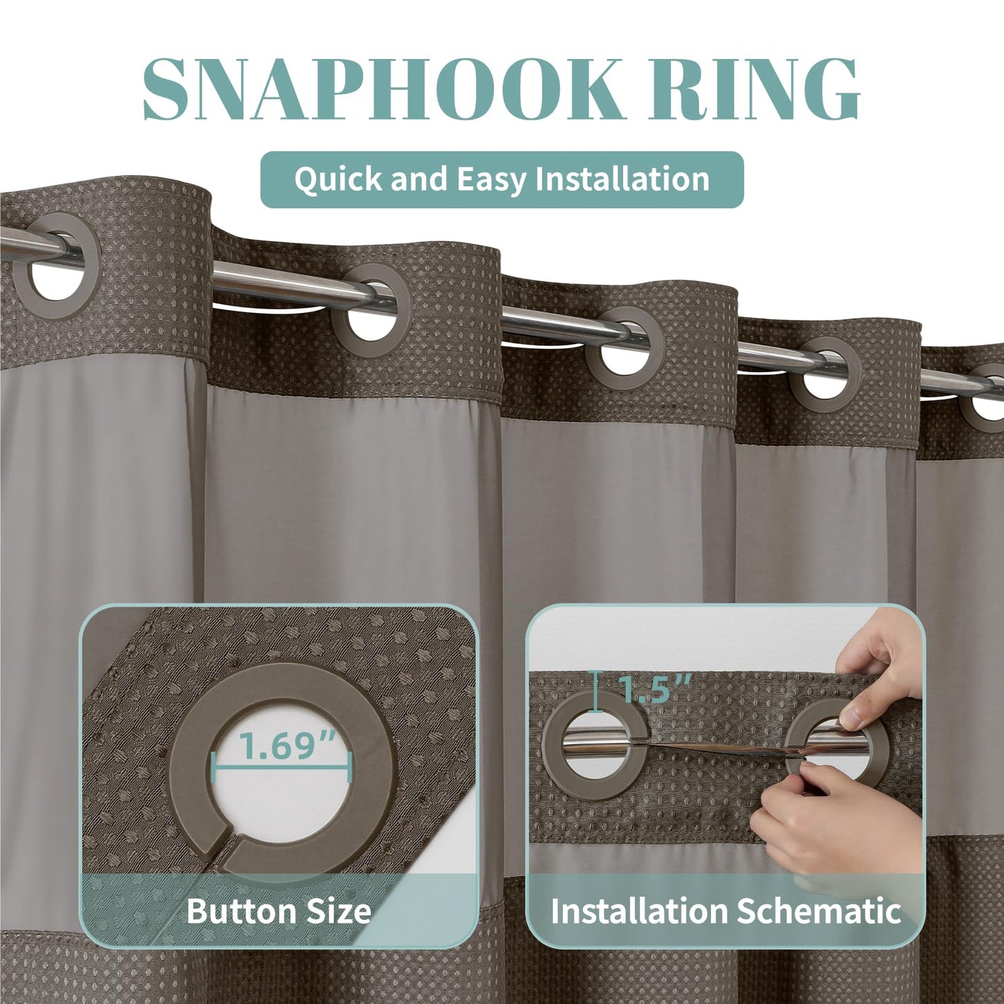 eachope Brown Extra Long No Hook Waffle Weave Shower Curtain with snap-in Liner Replacement, 230GSM Waterproof Fabric Hotel Shower Curtain Set for Bathroom, Through Mesh Top Window,71Wx86H