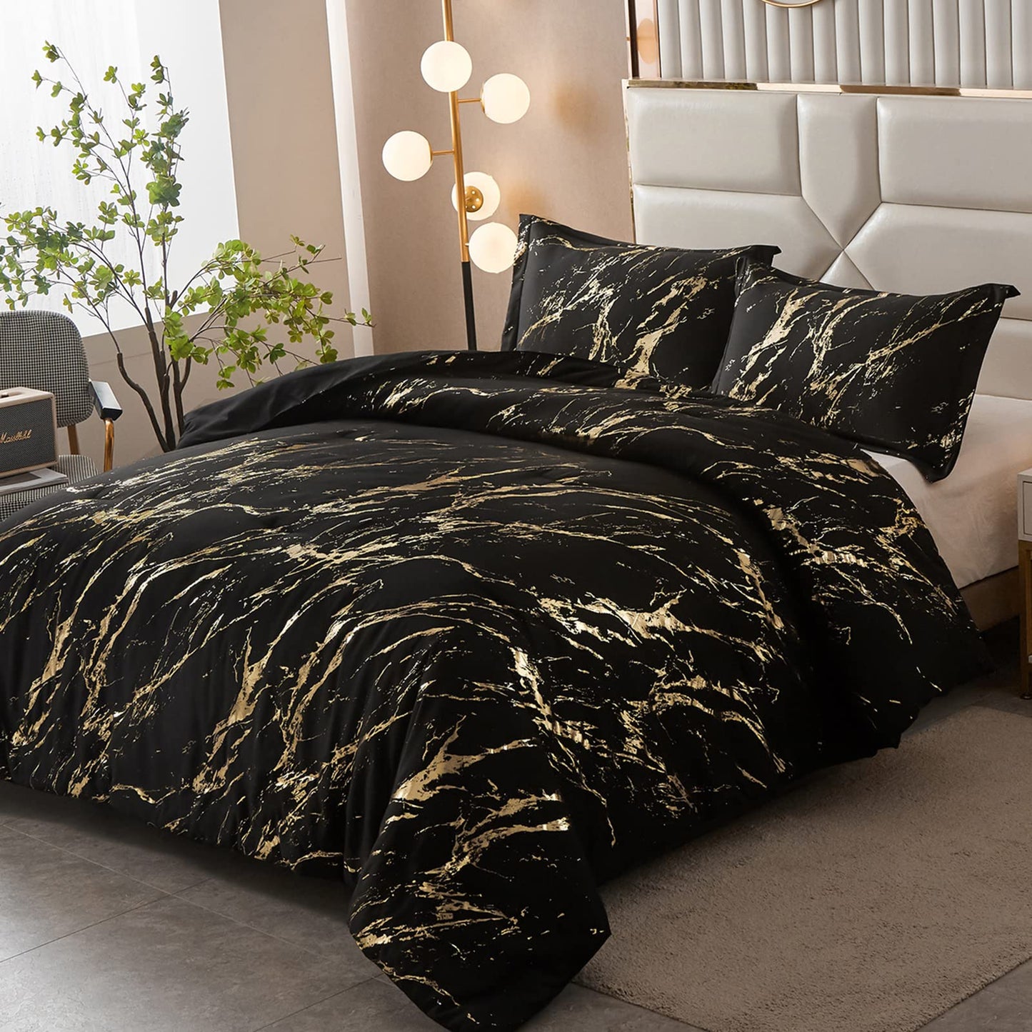 WONGS BEDDING Black Gold Metallic Marble Comforter Set Queen Foil Print Glitter Bedding Sets with 2 Pillowcases for All Seasons, Soft Microfiber Filling Bedding Duvet Set 90"x90"