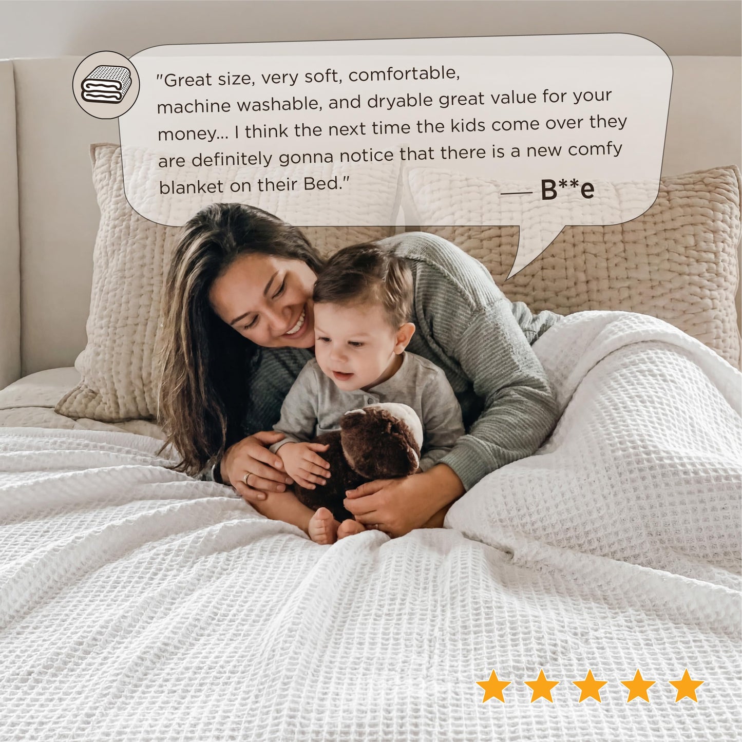 Bedsure 100% Cotton Blanket Queen Size for Bed - Cooling Breathable and Soft for Summer, Thick Cozy Waffle Weave Blanket Gifts for Women, White, 90x90 Inches