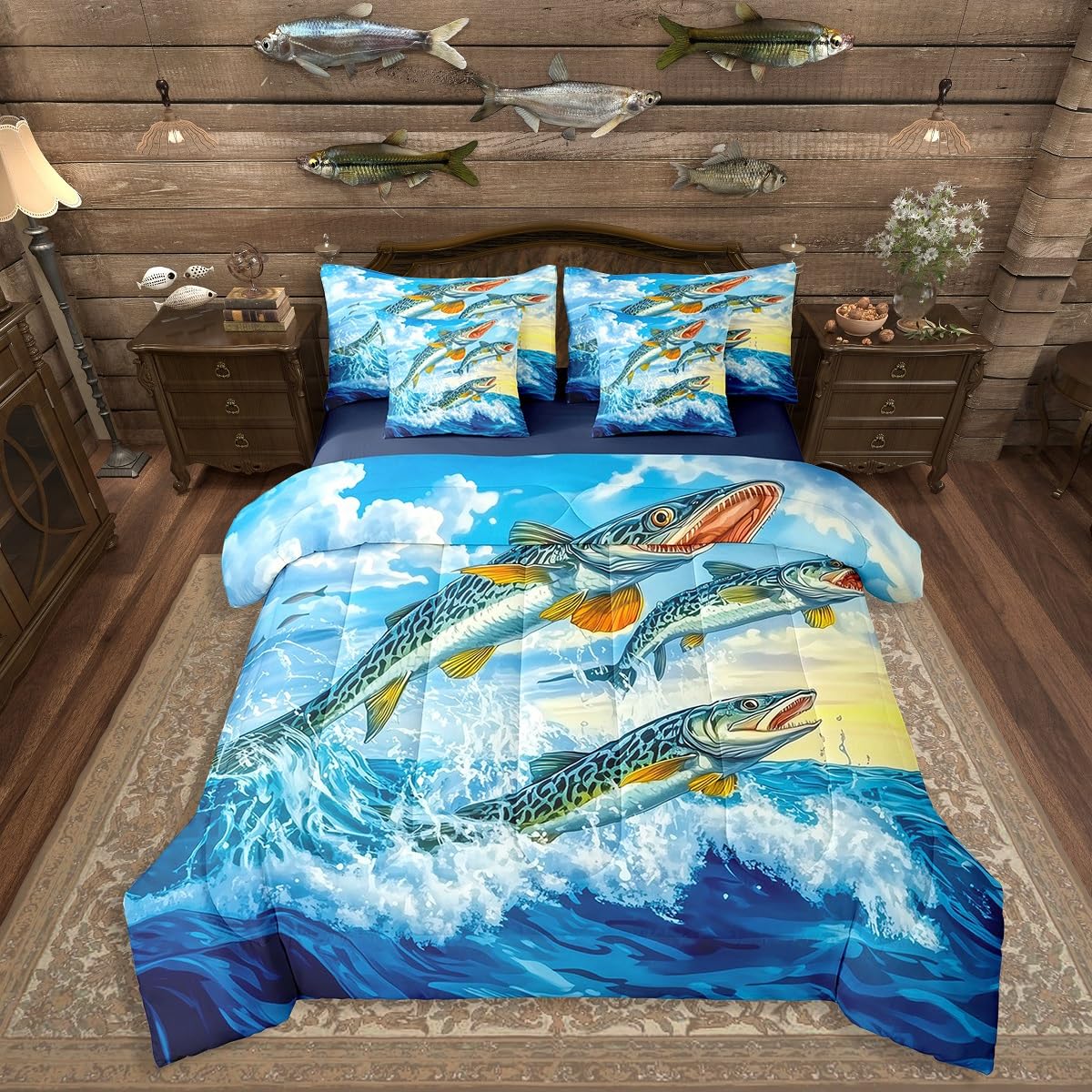 Erosebridal Pike Fish Bedding Sets, Big Bass Fish Microfiber 7 Piece Full Size Comforter Set for Kids Boys Girls, Hunting and Fishing Print Bed in a Bag Bed Set, Sea Waves Animals Bed Sheets Set