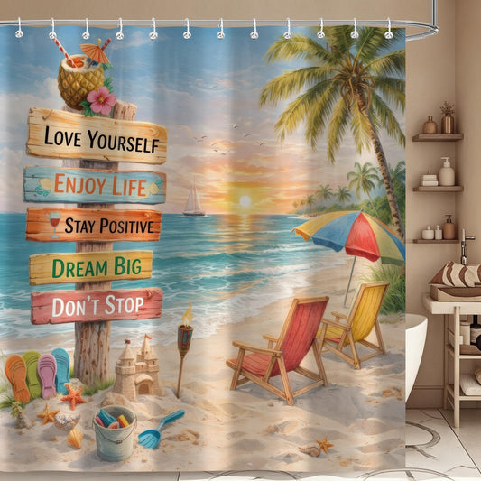iTapnoom Tropical Beach Shower Curtain, Ocean Coastal Motivational Quotes Inspirational Palm Tree Sunset Bathroom Decor Fabric Curtain Set with Hooks 72x72 Inches