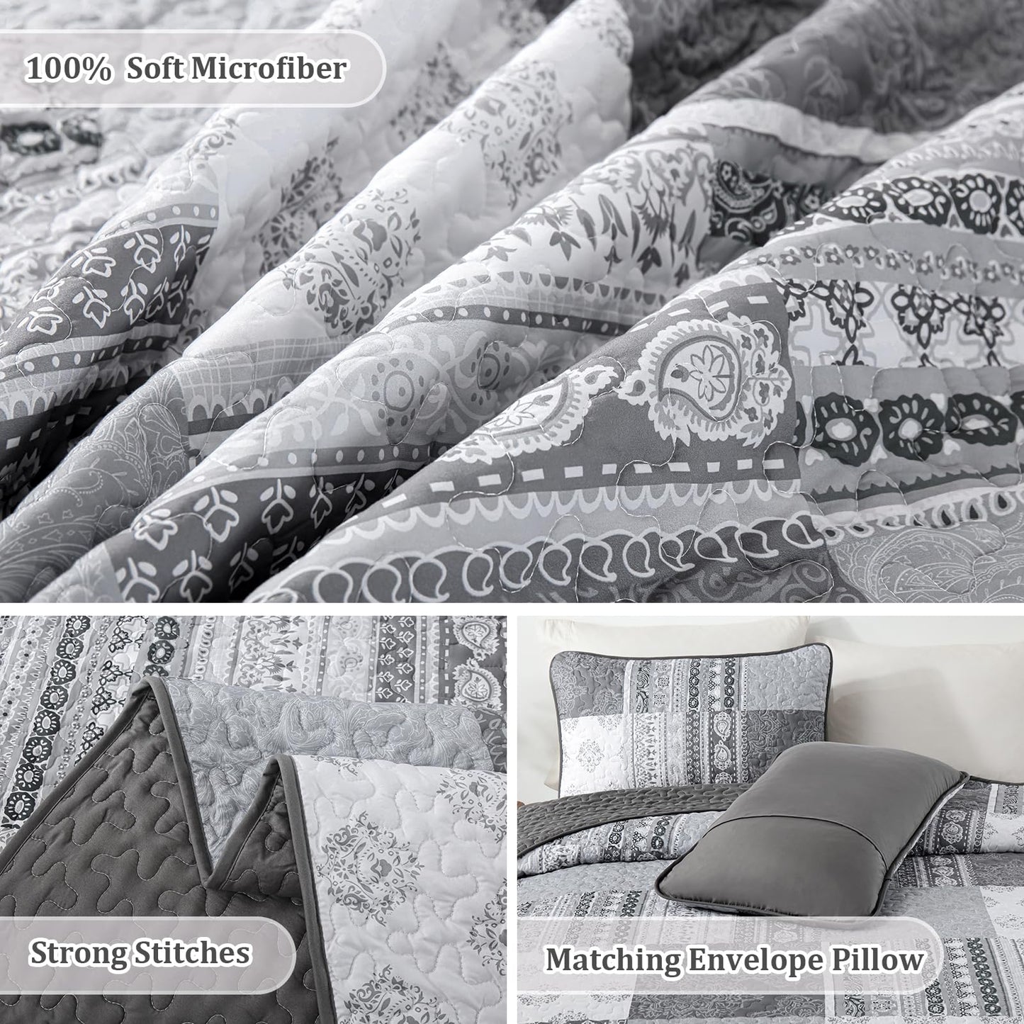 Dintszyayue Grey Quilt Set Queen Size Boho Patchwork Bedspread Coverlet 3 Pieces, Bohemian Floral Plaid Quilt Bedding Set Soft Microfiber Summer Bedding Bedspread Set, 96''x90''