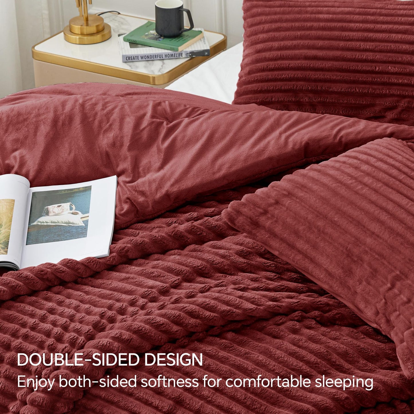 BEDELITE Fleece Queen Comforter Set -Super Soft & Warm Fluffy Burgundy Bedding, Luxury Fuzzy Heavy Bed Set for All Season with 2 Pillow Cases