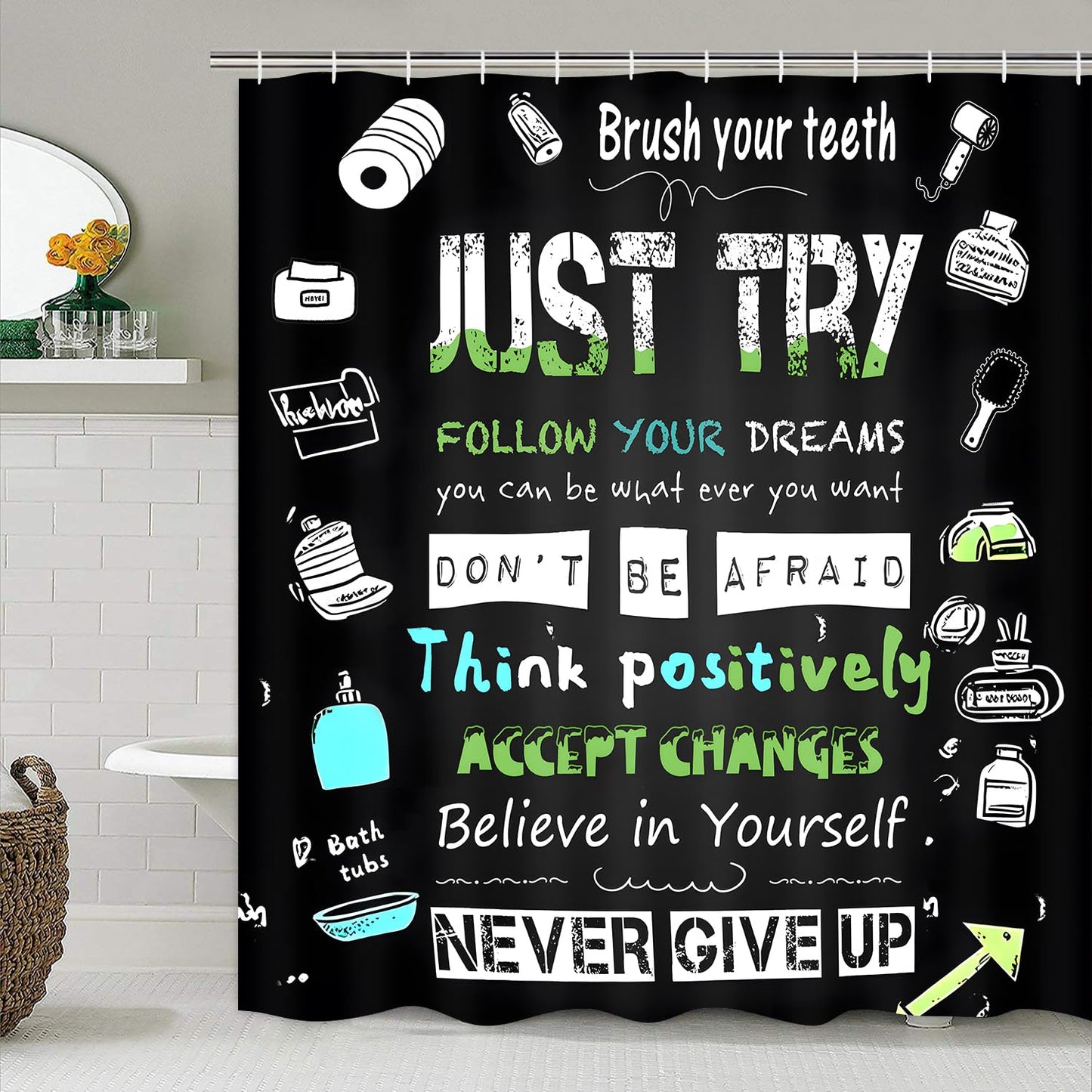 AZHM Black Inspirational Quotes and Positive Phrases Pattern Shower Curtain Set for Bathroom 4 Pcs Whimsical Design Bathroom Accessory Decor Sets with Shower Curtain and Rugs