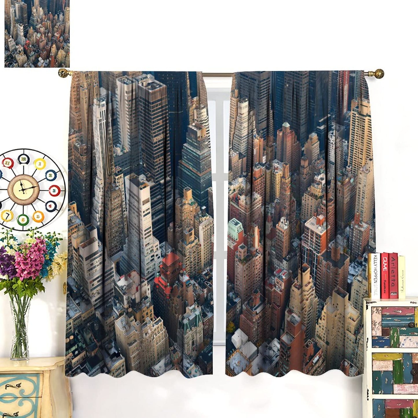 Modern Curtains,New York City Scenery at Street with Skyscrapers Buildings Blackout Window Door Curtains for Bedroom Living Room Office Decor W42xL45in
