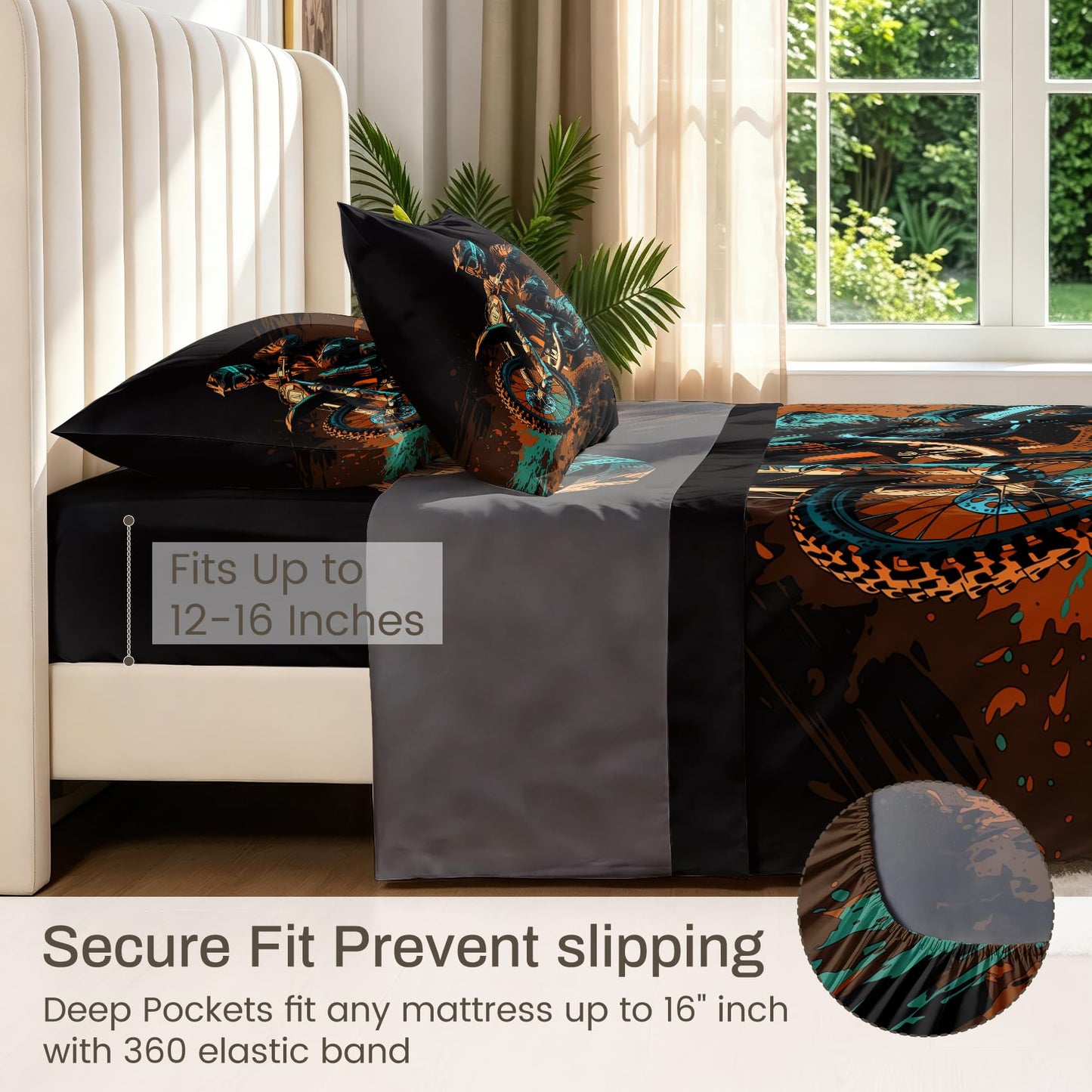 Dirt Bike Queen Sheet Set 4 Pcs Motocross Bed Sheets, Orange
