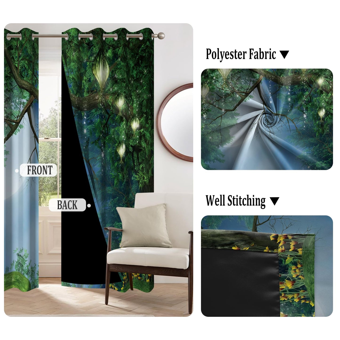 Renaiss Enchanted Forest Blackout Curtains for Bedroom Fairy Tales Magic Tree Full Moon Lanterns Window Curtain Wonderland Window Drapes for Living Room Darkening Curtains 2 Panels Set, 42x63 Inch