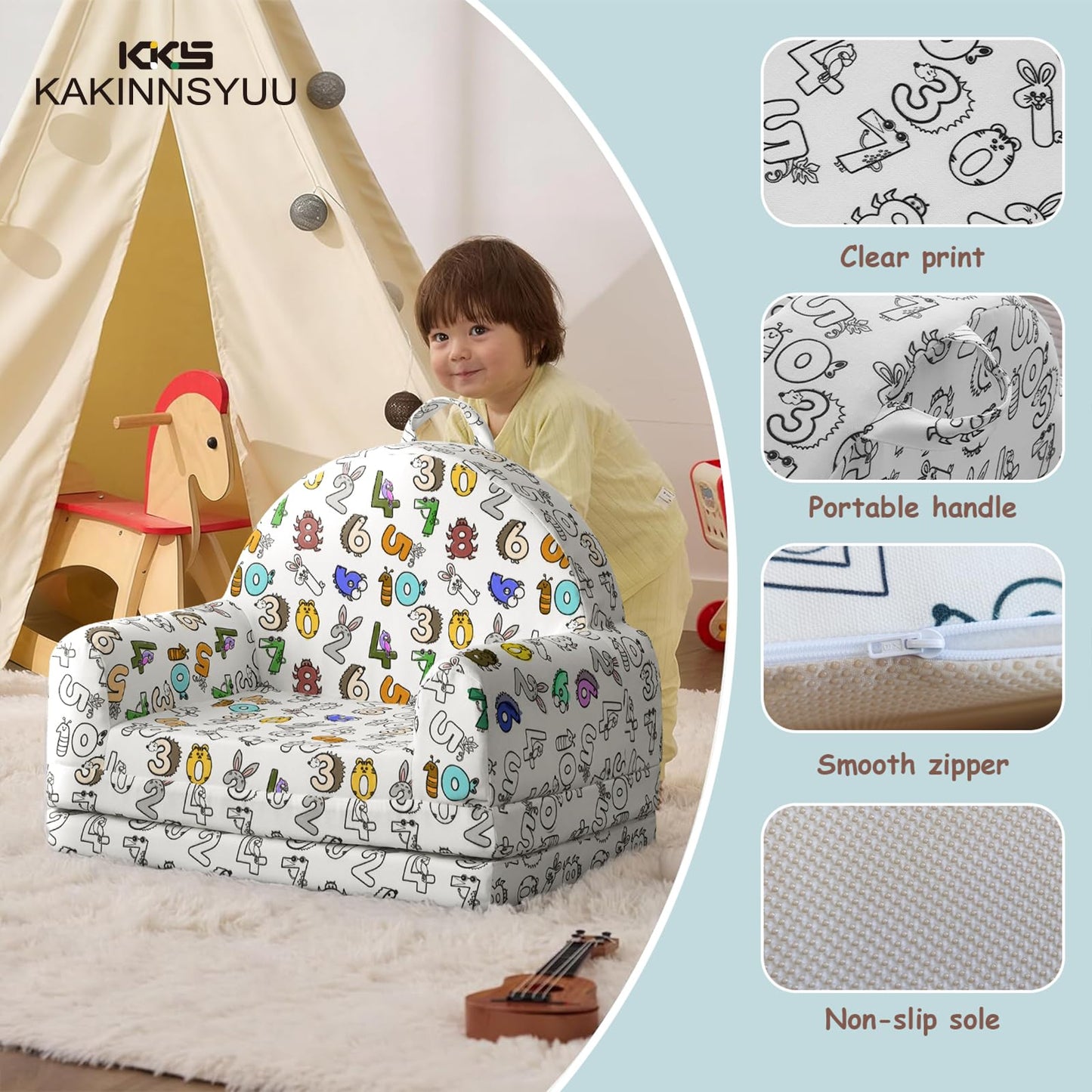 KKS KAKINNSYUU Toddler Chair & Couch, Kids Sofa 2-in-1 with Draw-On Fabric, Fold Out Convertible Foam Lounge for Playroom, Gift for Toddlers & Birthday
