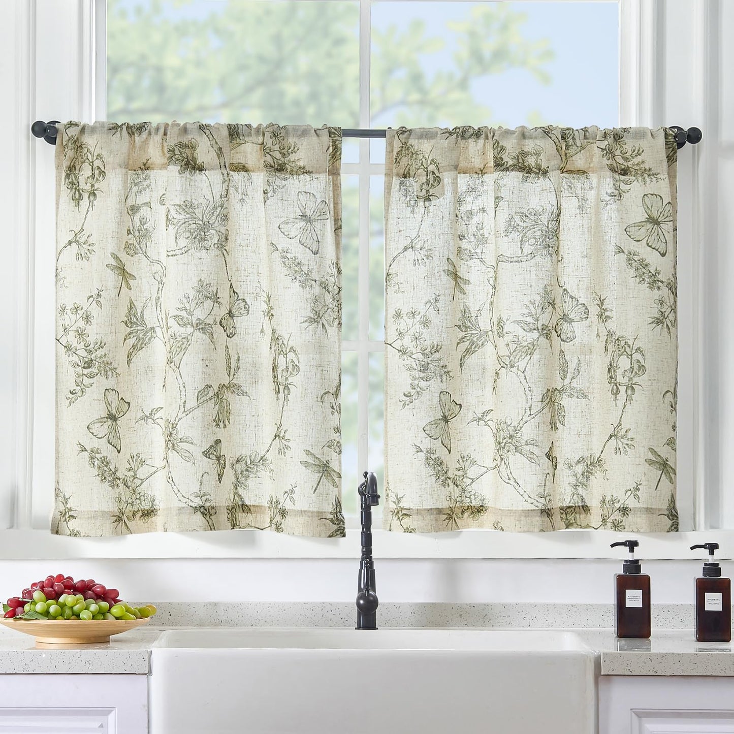 Lazzzy Linen Floral Kitchen Curtains 36 Inch Long, Green Farmhouse Kitchen Window Rustic Country Small Curtains Rod Pocket Tiers, Set of 2, Green on Beige