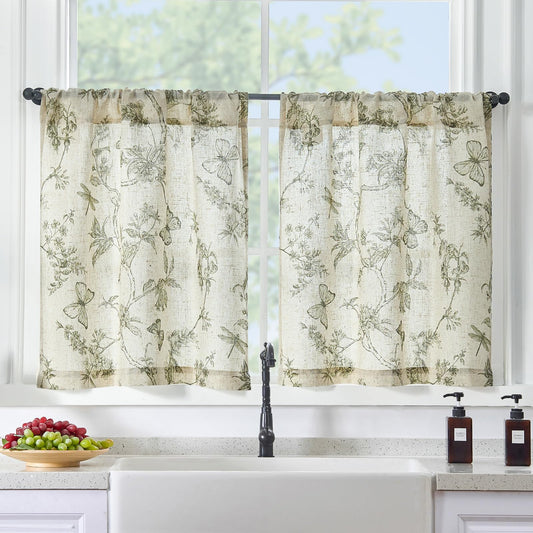 Lazzzy Linen Floral Kitchen Curtains 36 Inch Long, Green Farmhouse Kitchen Window Rustic Country Small Curtains Rod Pocket Tiers, Set of 2, Green on Beige
