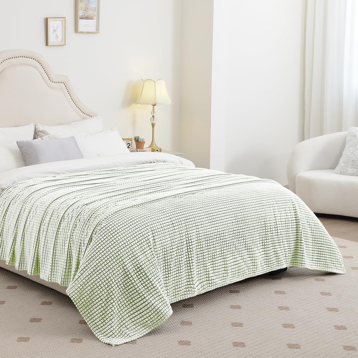 PLEASANT BOULEVARD | Fuzzy Throw Blanket Double-Sided Design Checkered Striped Waffe Lightweight Fleece Blankets for Bed and Couch Décor – Cozy, Soft, Cute for Women, Throw (50" x 60") Green