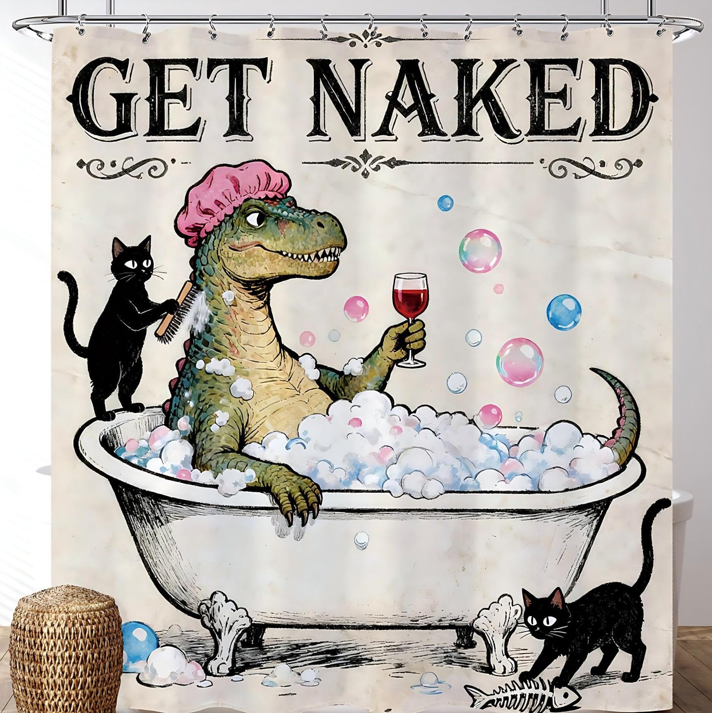 Opeoddie Black Cat Funny Dinosaur Shower Curtain Cool Get Naked Boys Kids Shower Curtains Set Cute Animal in Bathtub Bath Curtain Retro Rustic Dino Raptor Teen Fun Bathroom Decor 60Wx72H Inch