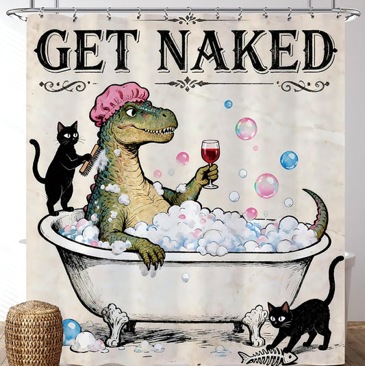 Opeoddie Black Cat Funny Dinosaur Shower Curtain Cool Get Naked Boys Kids Shower Curtains Set Cute Animal in Bathtub Bath Curtain Retro Rustic Dino Raptor Teen Fun Bathroom Decor 60Wx72H Inch