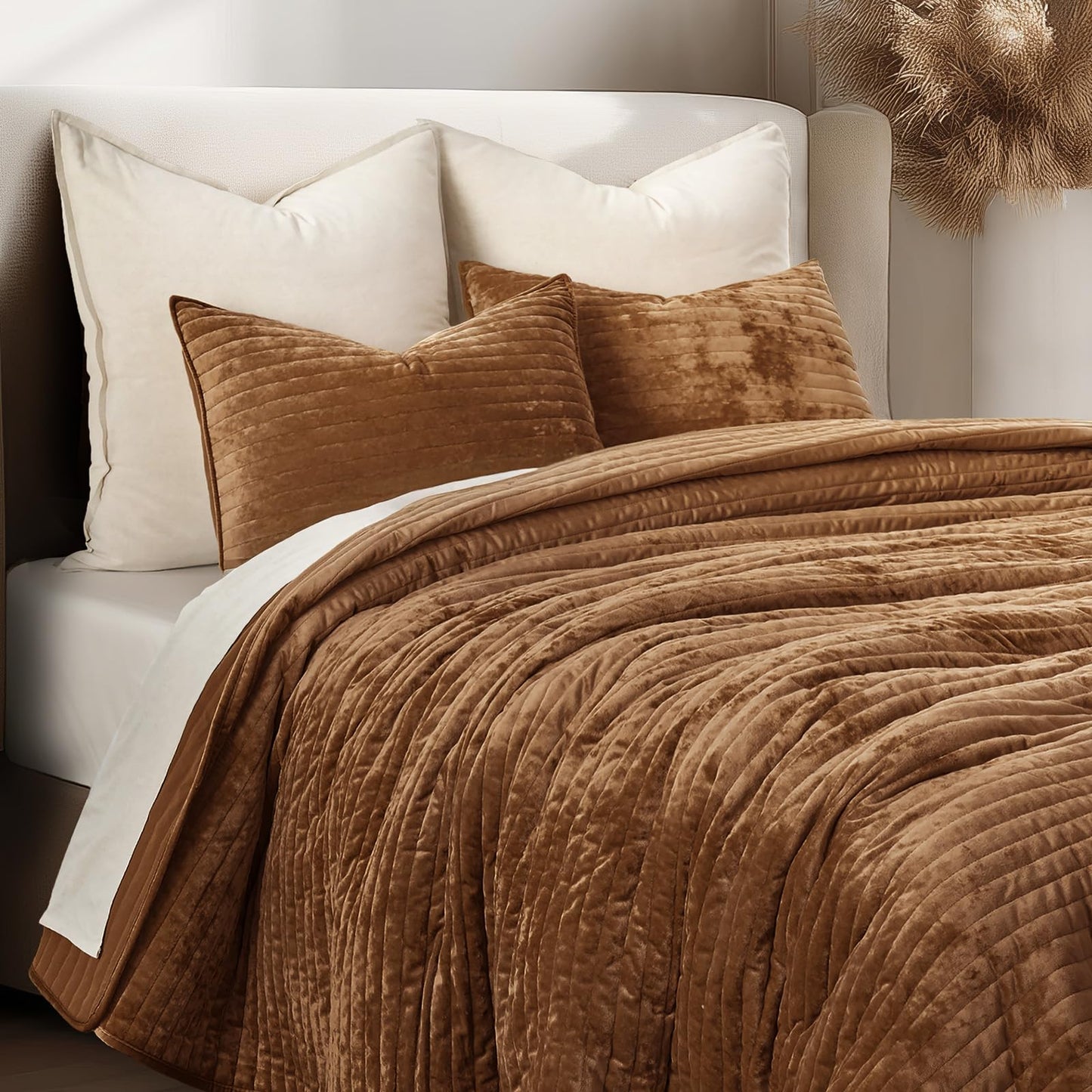 EverGrace Velvet Quilt Set King Size, Luxurious Soft Striped Channel Bedding Set, Lightweight Velvet Comforter for All Season, Oversized Bedspread Coverlet with 2 Matching Shams, Dark Brown