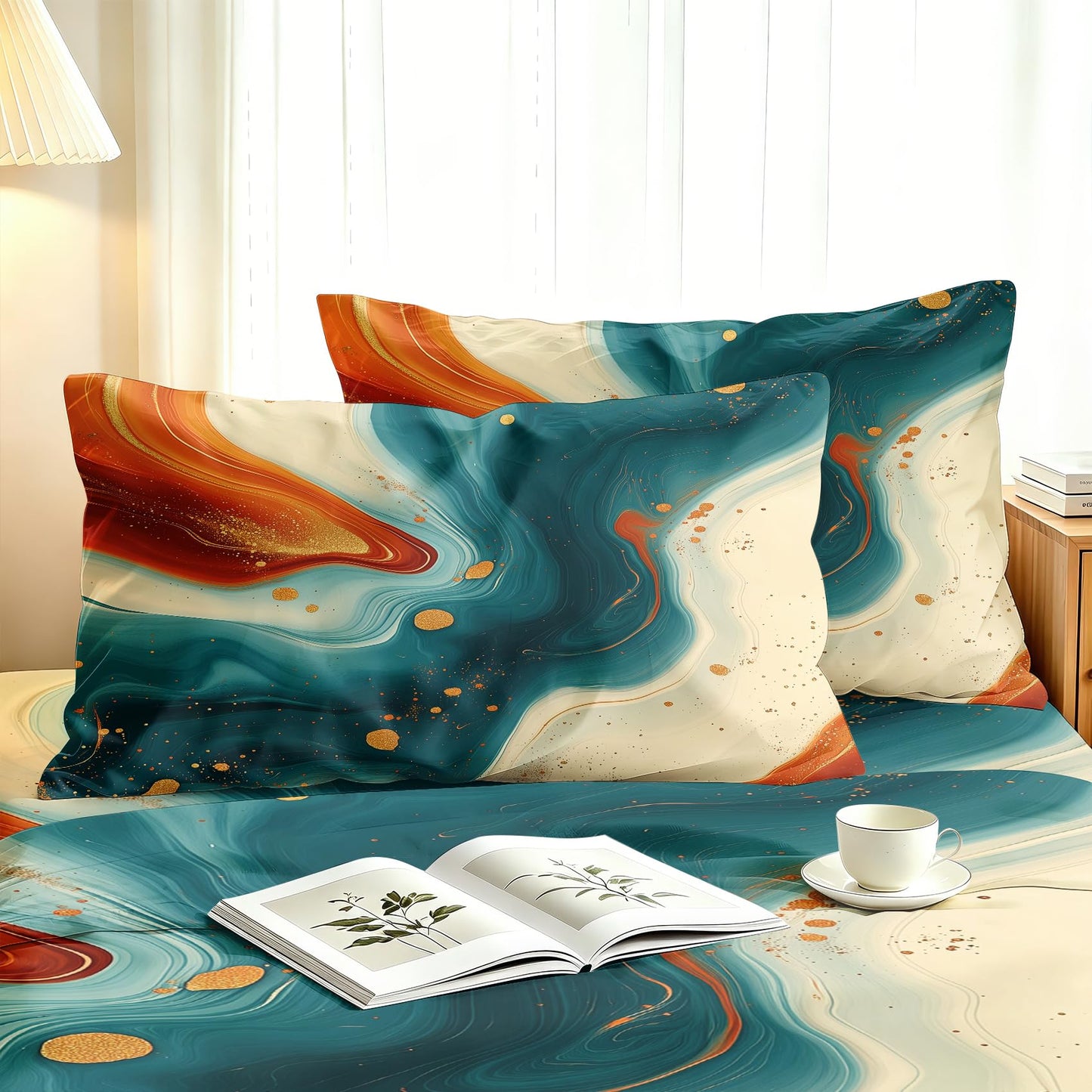 Modern Abstract Bedding Set 4 Pcs Marble Full Sheets, Orange Teal