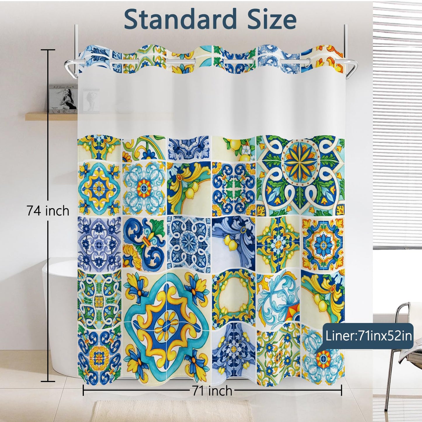 No Hook Shower Curtain with Snap in Fabric Liner Set, Waterproof & Washable, Boho Mediterranean Blue Yellow Lemon Floral Shower Curtains for Bathroom, Colorful Bathroom Curtain, House Gift, 71x74 inch